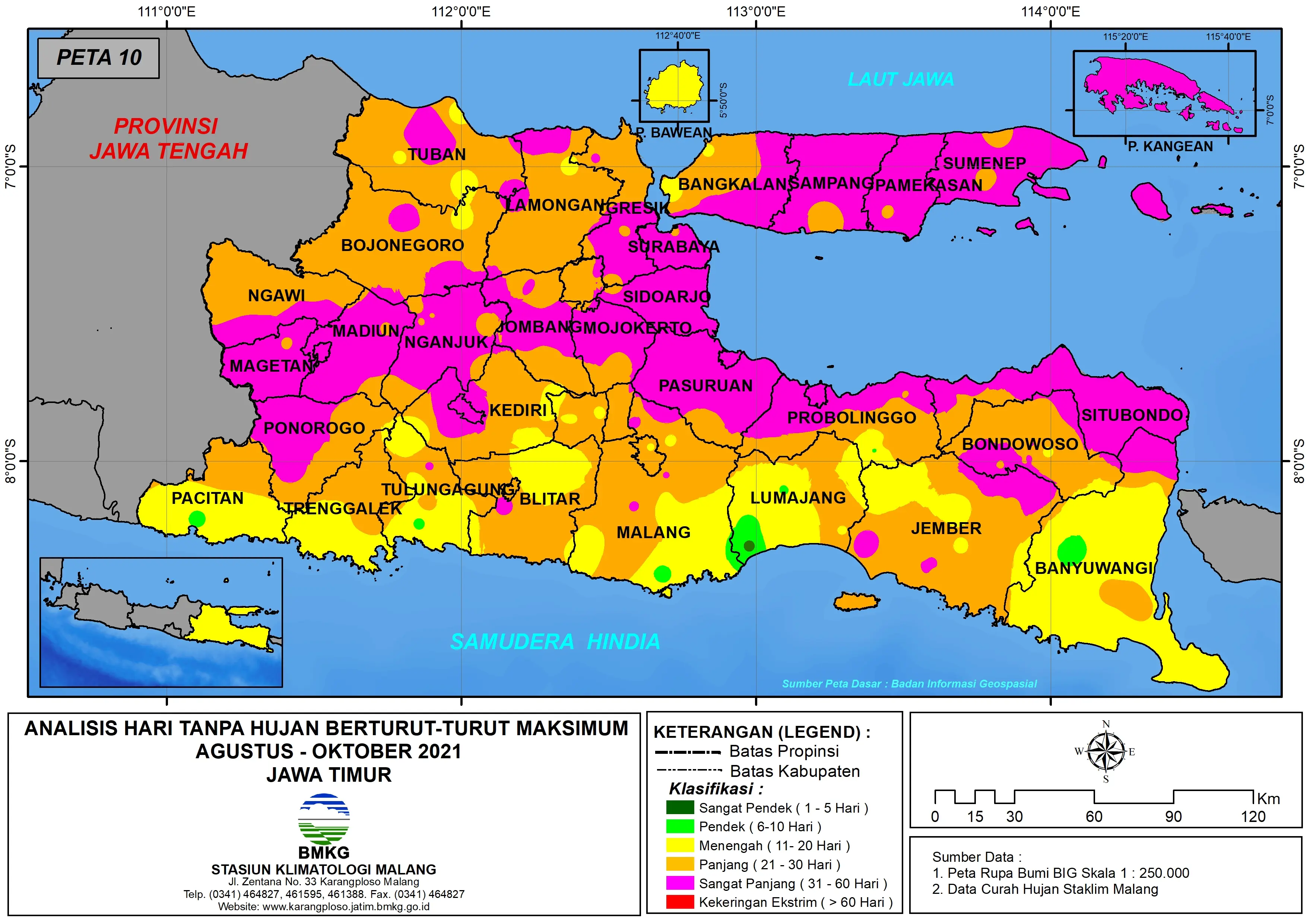 (Analisis - Bulanan) Hari Tanpa Hujan Berturut-Turut Maksimum di Provinsi Jawa Timur Bulan Agustus - September - Oktober Tahun 2021