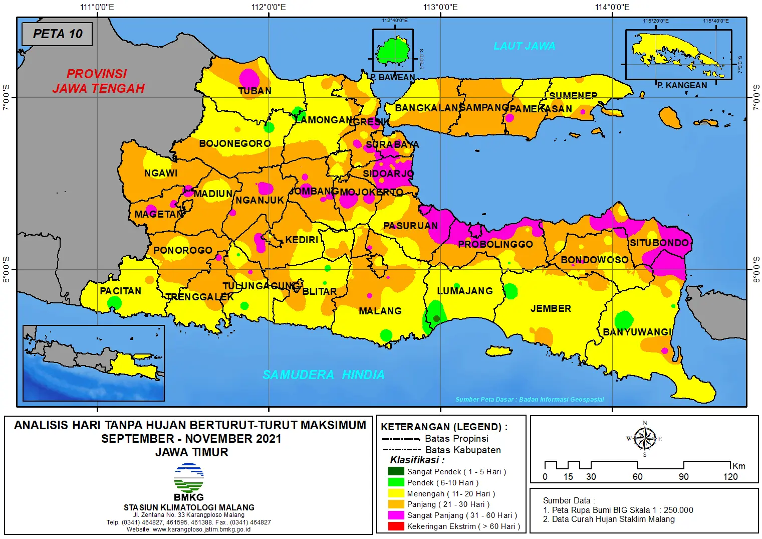 (Analisis - Bulanan) Hari Tanpa Hujan Berturut-Turut Maksimum di Provinsi Jawa Timur Bulan September - Oktober - November Tahun 2021