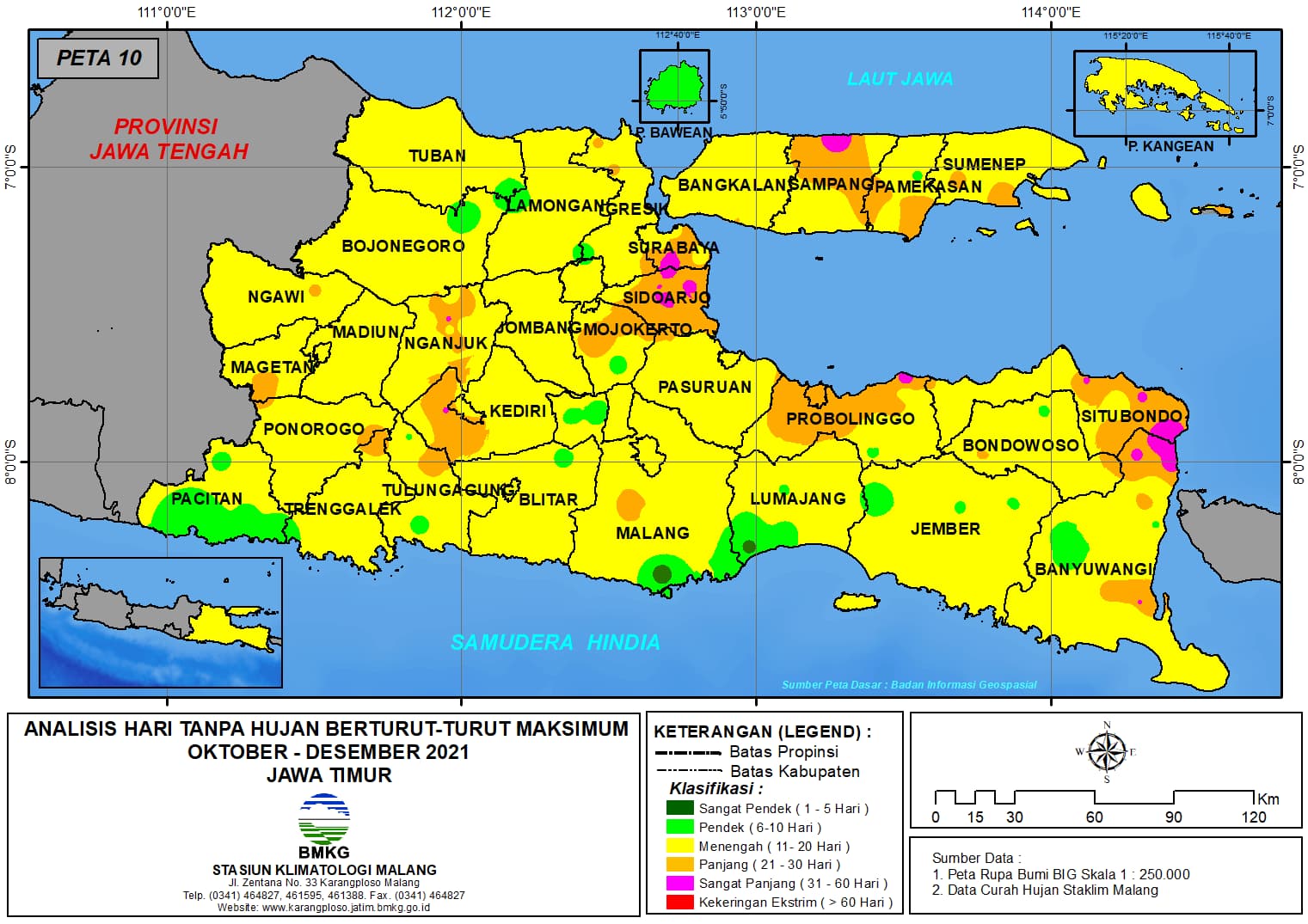 (Analisis - Bulanan) Hari Tanpa Hujan Berturut-Turut Maksimum di Provinsi Jawa Timur Bulan  Oktober - November - Desember Tahun 2021