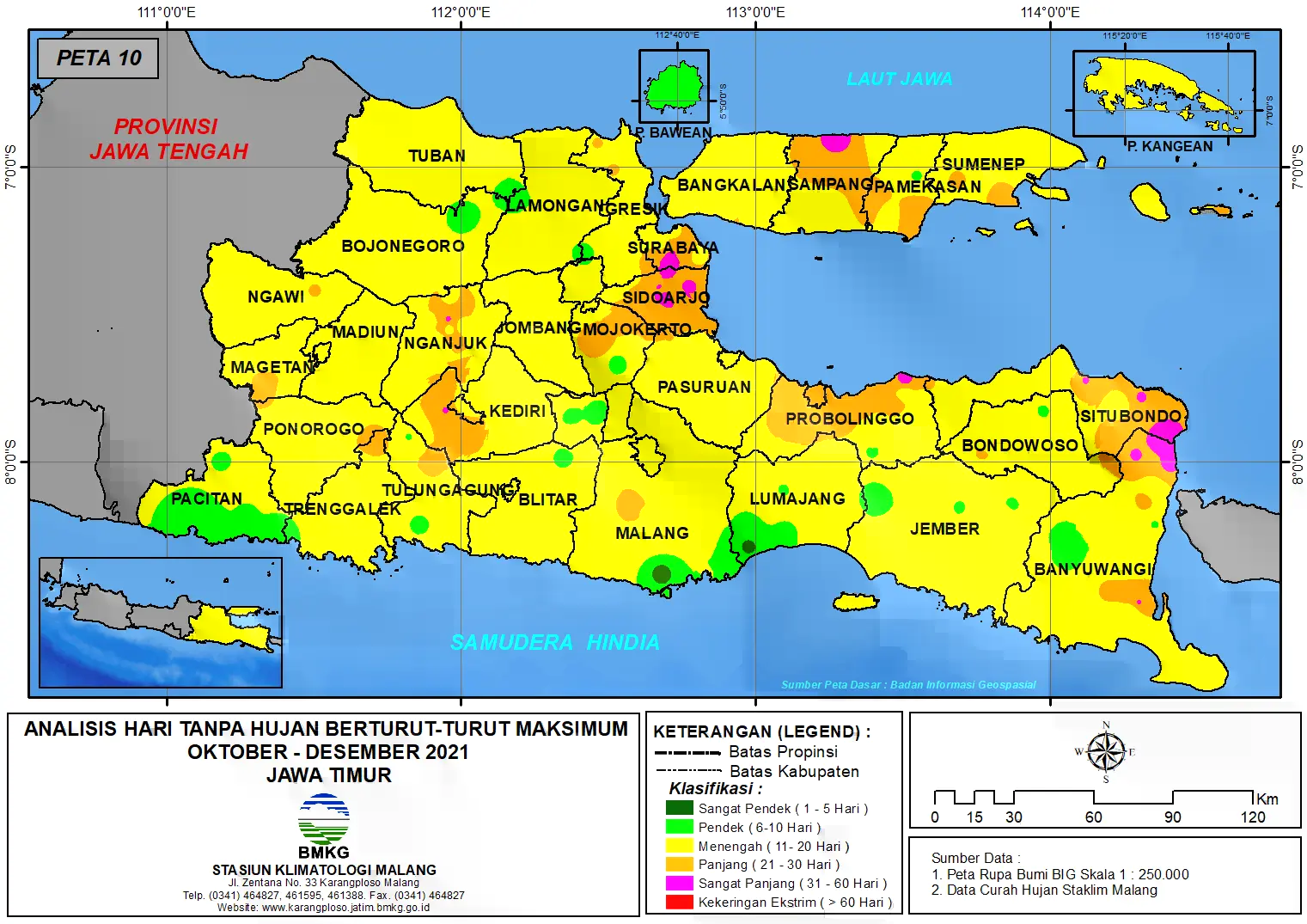 (Analisis - Bulanan) Hari Tanpa Hujan Berturut-Turut Maksimum di Provinsi Jawa Timur Bulan  Oktober - November - Desember Tahun 2021