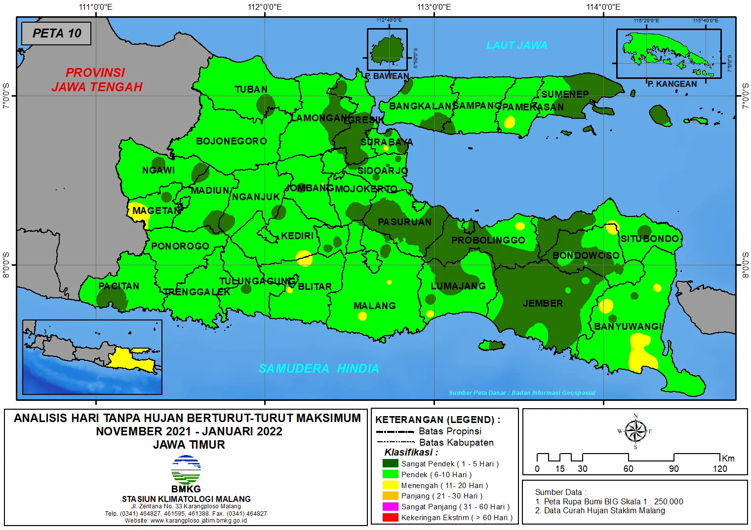 ( Analisis - Bulanan ) Hari Tanpa Hujan Berturut-Turut Maksimum di Provinsi Jawa Timur Bulan November - Desember Tahun 2021 - Januari Tahun 2022
