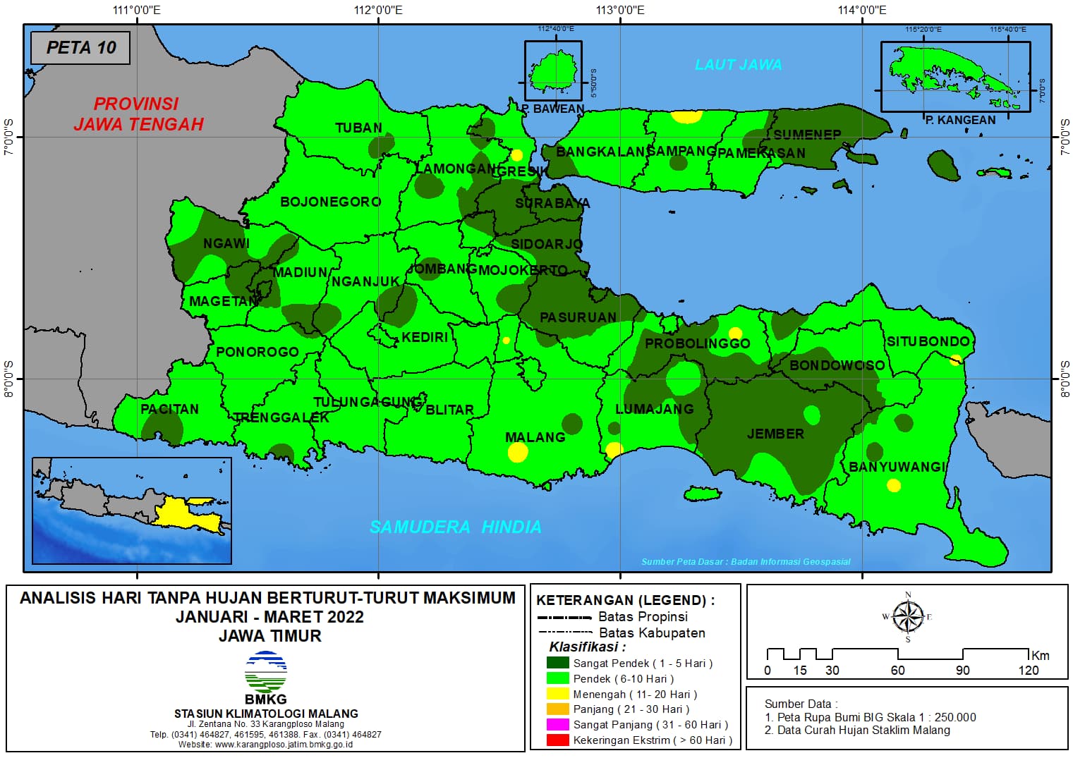 ( Analisis - Bulanan ) Hari Tanpa Hujan Berturut-Turut Maksimum di Provinsi Jawa Timur Bulan  Januari - Februari - Maret Tahun 2022