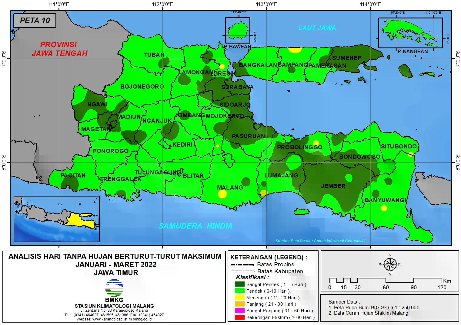 ( Analisis - Bulanan ) Hari Tanpa Hujan Berturut-Turut Maksimum di Provinsi Jawa Timur Bulan  Januari - Februari - Maret Tahun 2022
