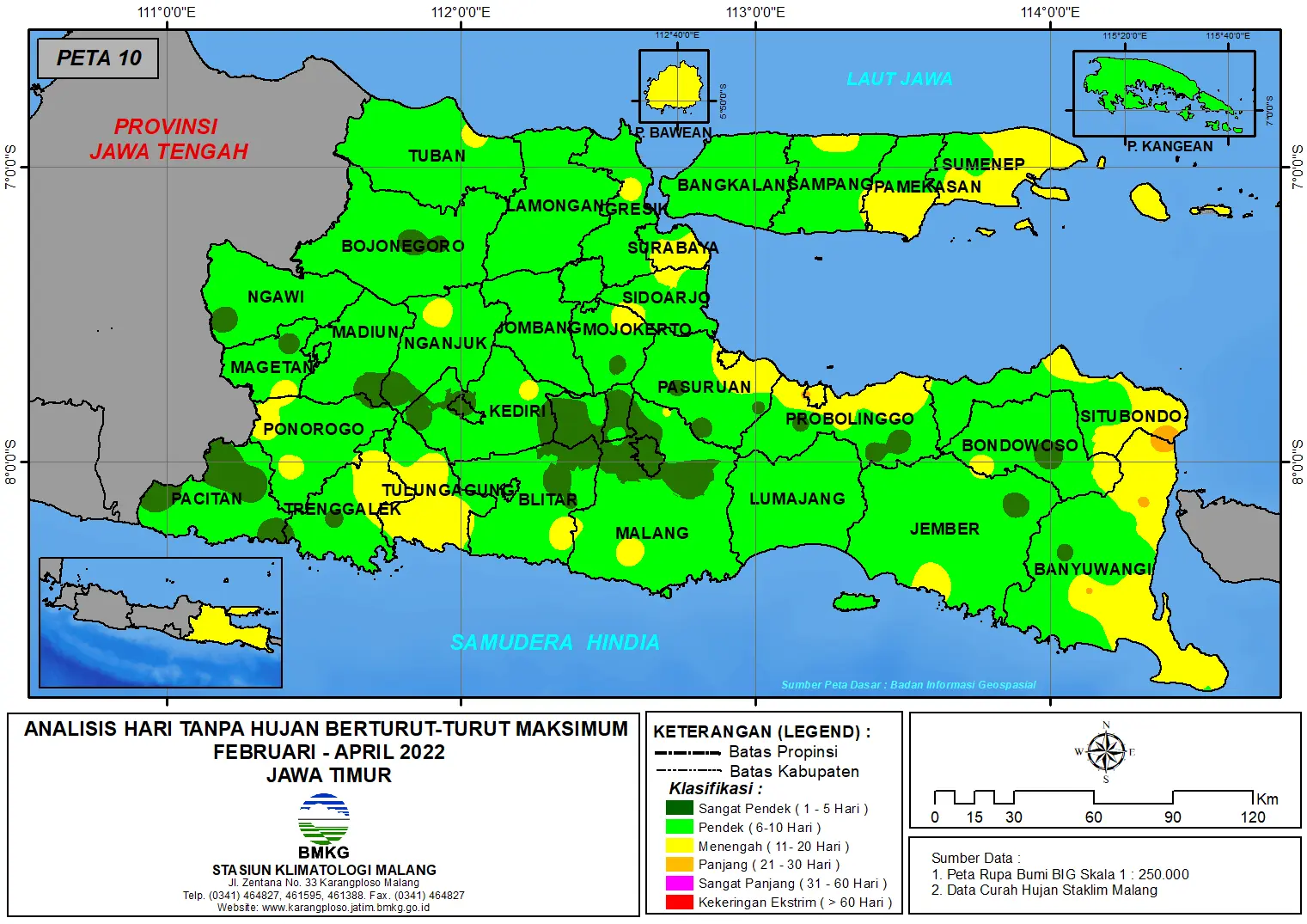 ( Analisis - Bulanan ) Hari Tanpa Hujan Berturut-Turut Maksimum di Provinsi Jawa Timur Bulan  Februari - Maret - April Tahun 2022