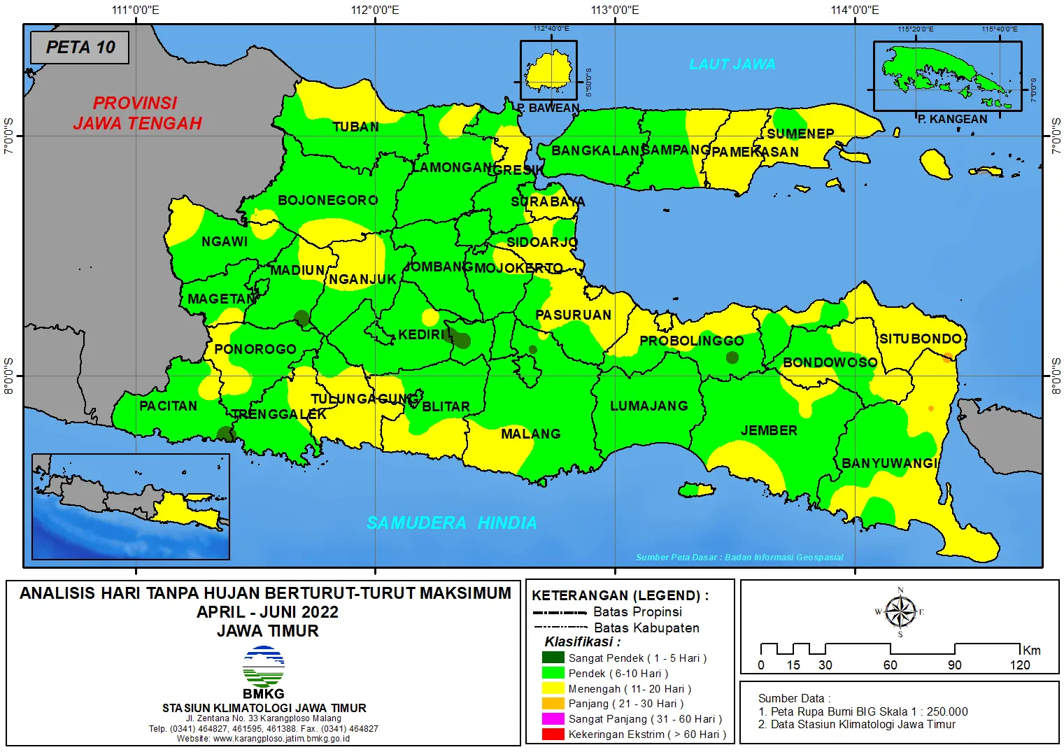 ( Analisis - Bulanan ) Hari Tanpa Hujan Berturut-Turut Maksimum di Provinsi Jawa Timur Bulan  April - Mei - Juni Tahun 2022