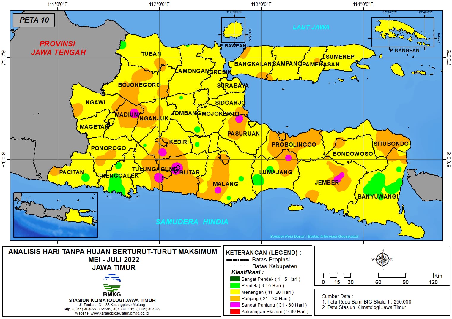 ( Analisis - Bulanan ) Hari Tanpa Hujan Berturut-Turut Maksimum di Provinsi Jawa Timur Bulan Mei - Juni - Juli Tahun 2022
