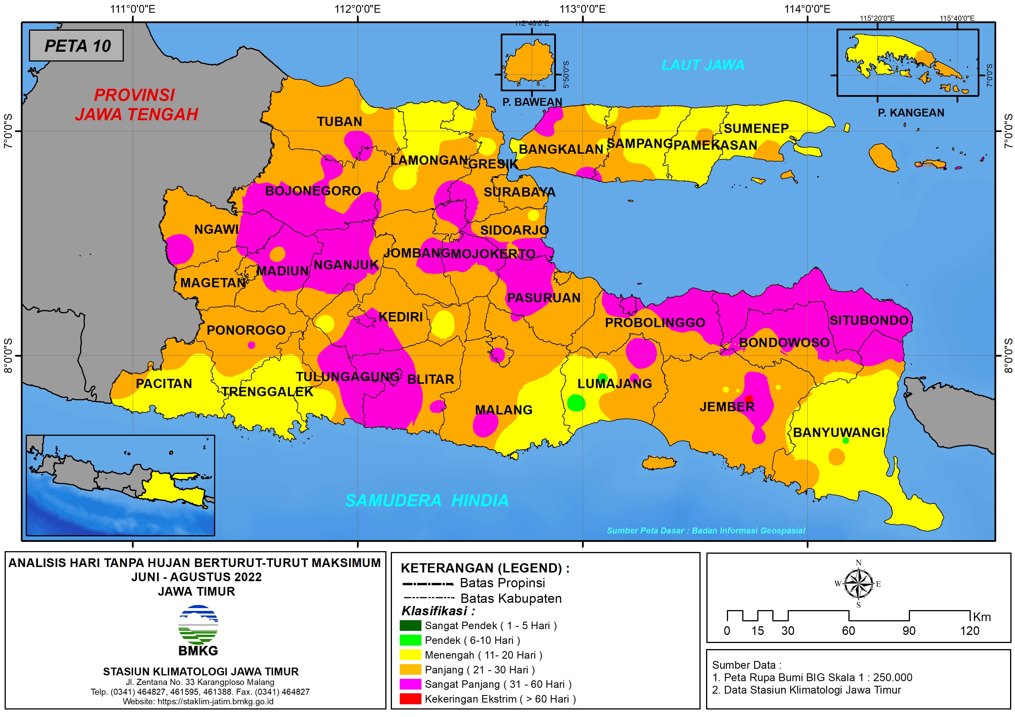 ( Analisis - Bulanan ) Hari Tanpa Hujan Berturut-Turut Maksimum di Provinsi Jawa Timur Bulan Juni - Juli - Agustus Tahun 2022