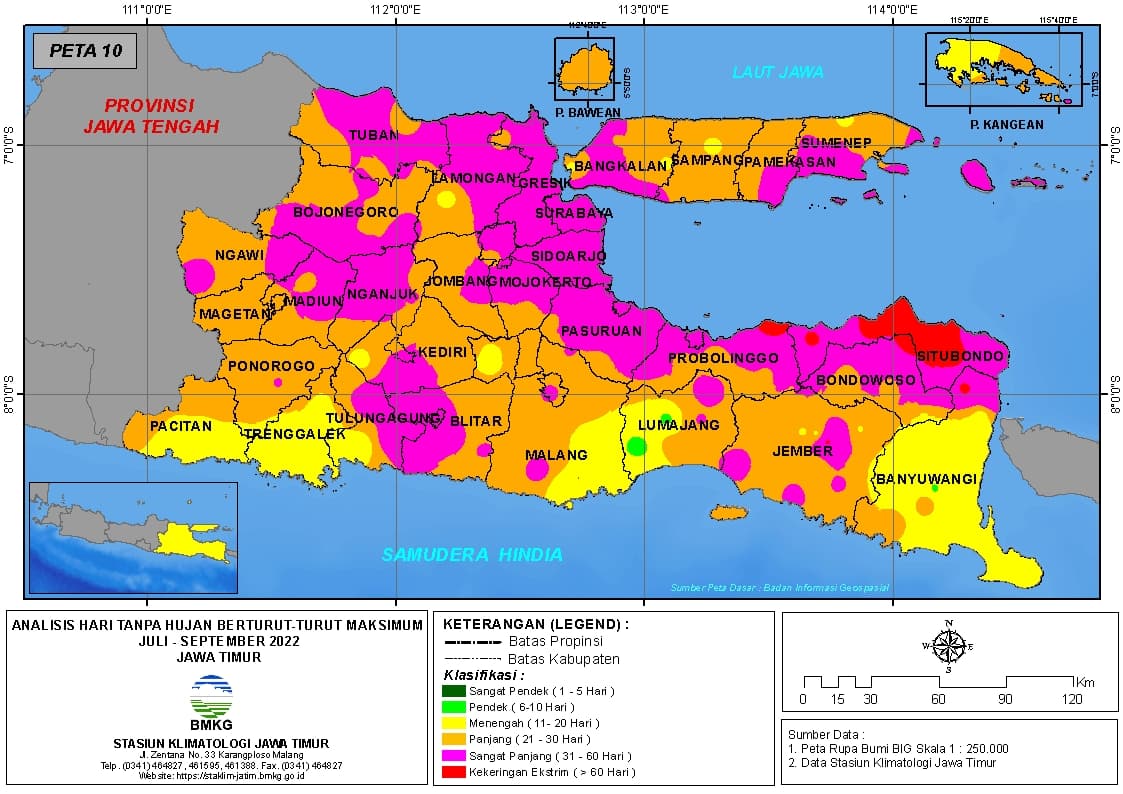 ( Analisis - Bulanan ) Hari Tanpa Hujan Berturut-Turut Maksimum di Provinsi Jawa Timur Bulan Juli - Agustus - September Tahun 2022