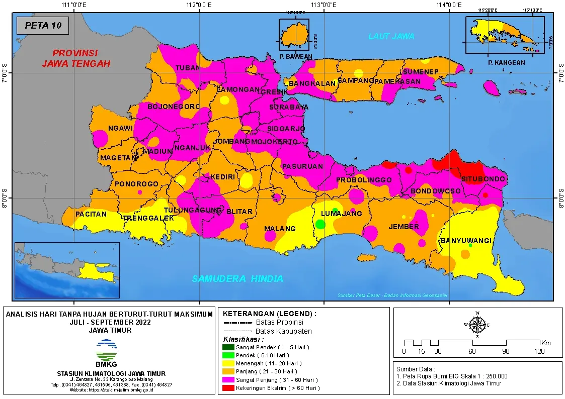 ( Analisis - Bulanan ) Hari Tanpa Hujan Berturut-Turut Maksimum di Provinsi Jawa Timur Bulan Juli - Agustus - September Tahun 2022
