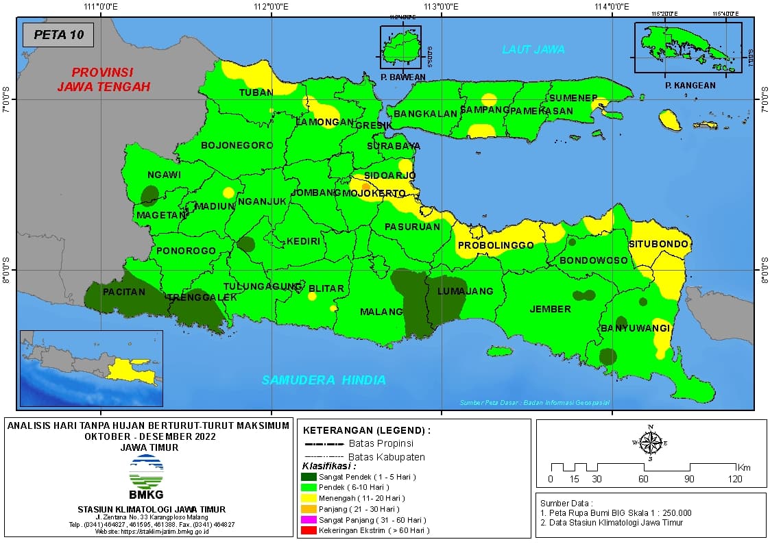 ( Analisis - Bulanan ) Hari Tanpa Hujan Berturut-Turut Maksimum di Provinsi Jawa Timur Bulan Oktober - November - Desember Tahun 2022