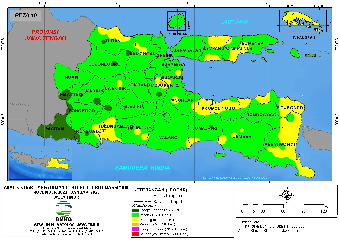 ( Analisis - Bulanan ) Hari Tanpa Hujan Berturut-Turut Maksimum di Provinsi Jawa Timur Bulan November - Desember Tahun 2022 - Januari Tahun 2023