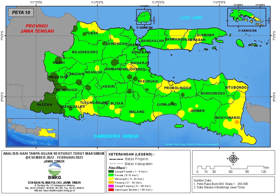 ( Analisis - Bulanan ) Hari Tanpa Hujan Berturut-Turut Maksimum di Provinsi Jawa Timur Bulan Desember Tahun 2022 - Januari - Februari Tahun 2023