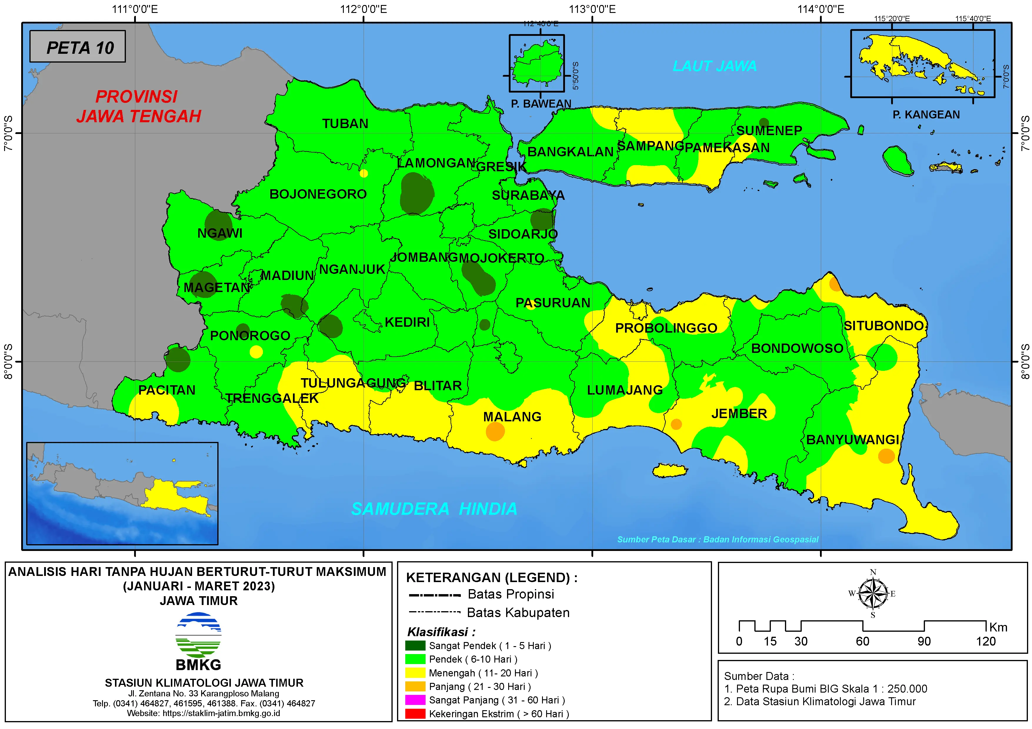 ( Analisis - Bulanan ) Hari Tanpa Hujan Berturut-Turut Maksimum di Provinsi Jawa Timur Bulan Januari - Februari - Maret Tahun 2023