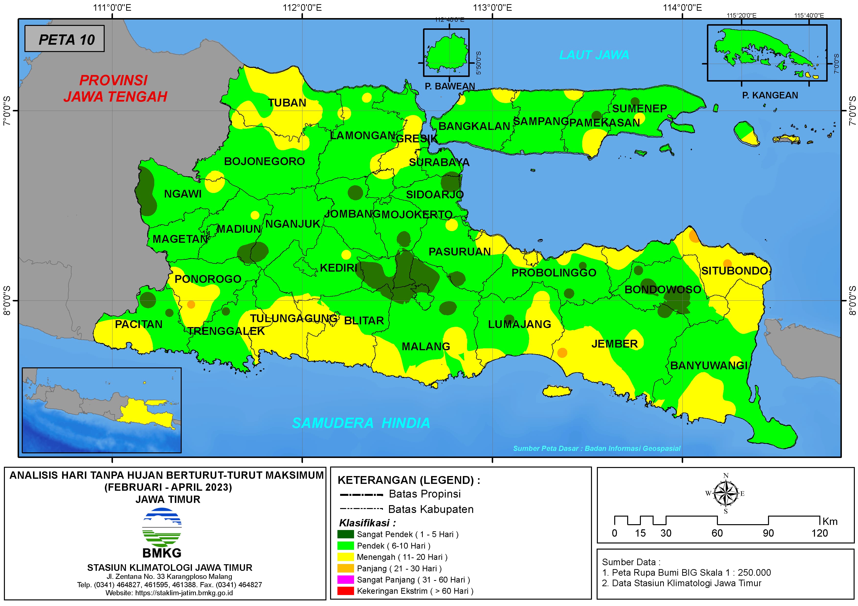 ( Analisis - Bulanan ) Hari Tanpa Hujan Berturut-Turut Maksimum di Provinsi Jawa Timur Bulan Februari - Maret - April Tahun 2023