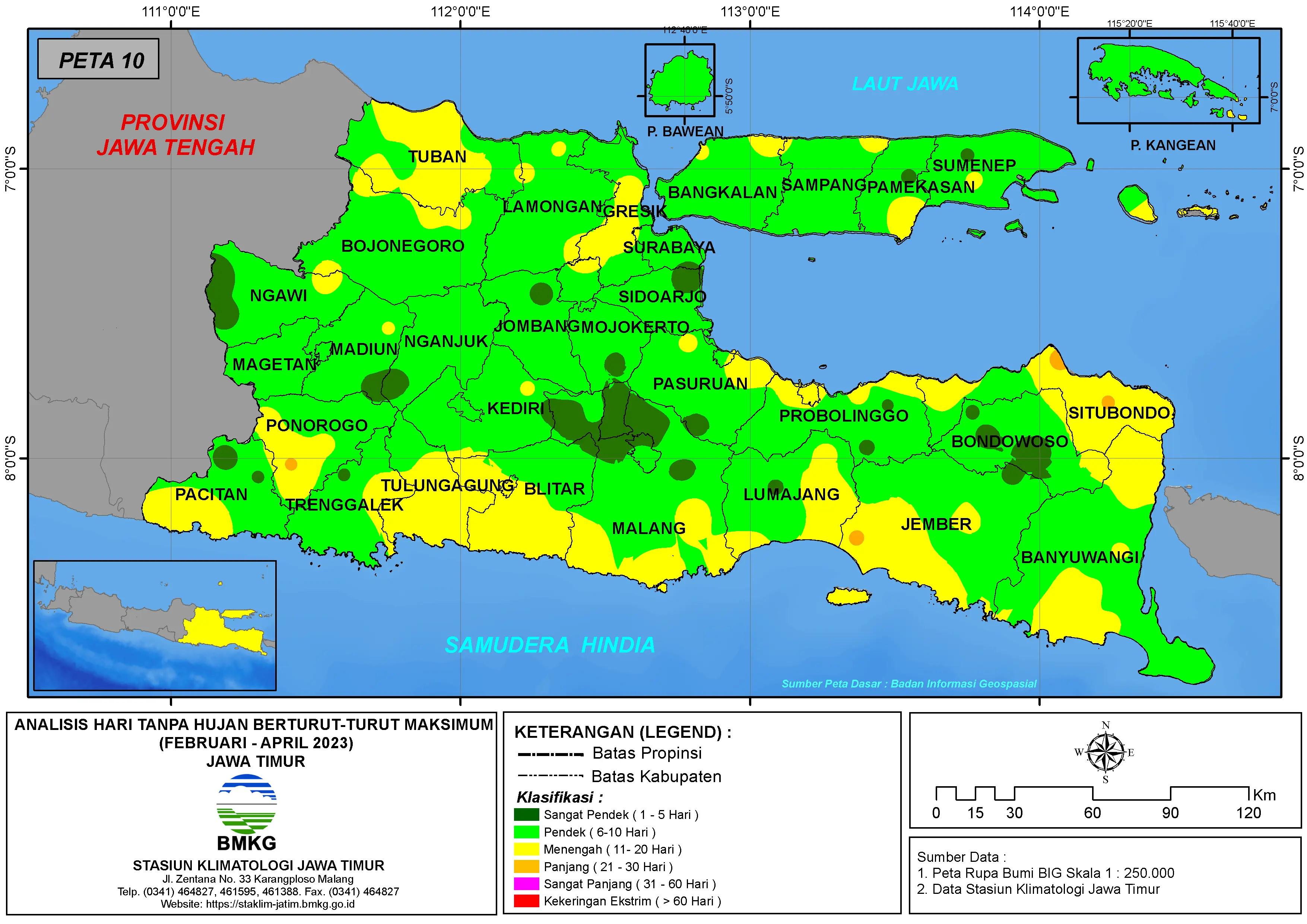 ( Analisis - Bulanan ) Hari Tanpa Hujan Berturut-Turut Maksimum di Provinsi Jawa Timur Bulan Februari - Maret - April Tahun 2023