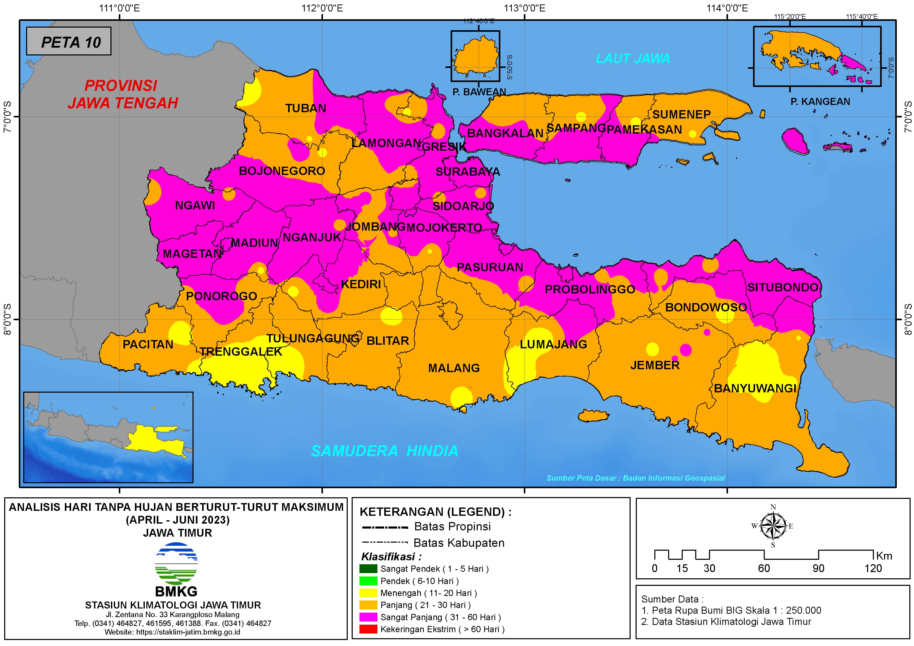 ( Analisis - Bulanan ) Hari Tanpa Hujan Berturut-Turut Maksimum di Provinsi Jawa Timur Bulan April - Mei - Juni Tahun 2023