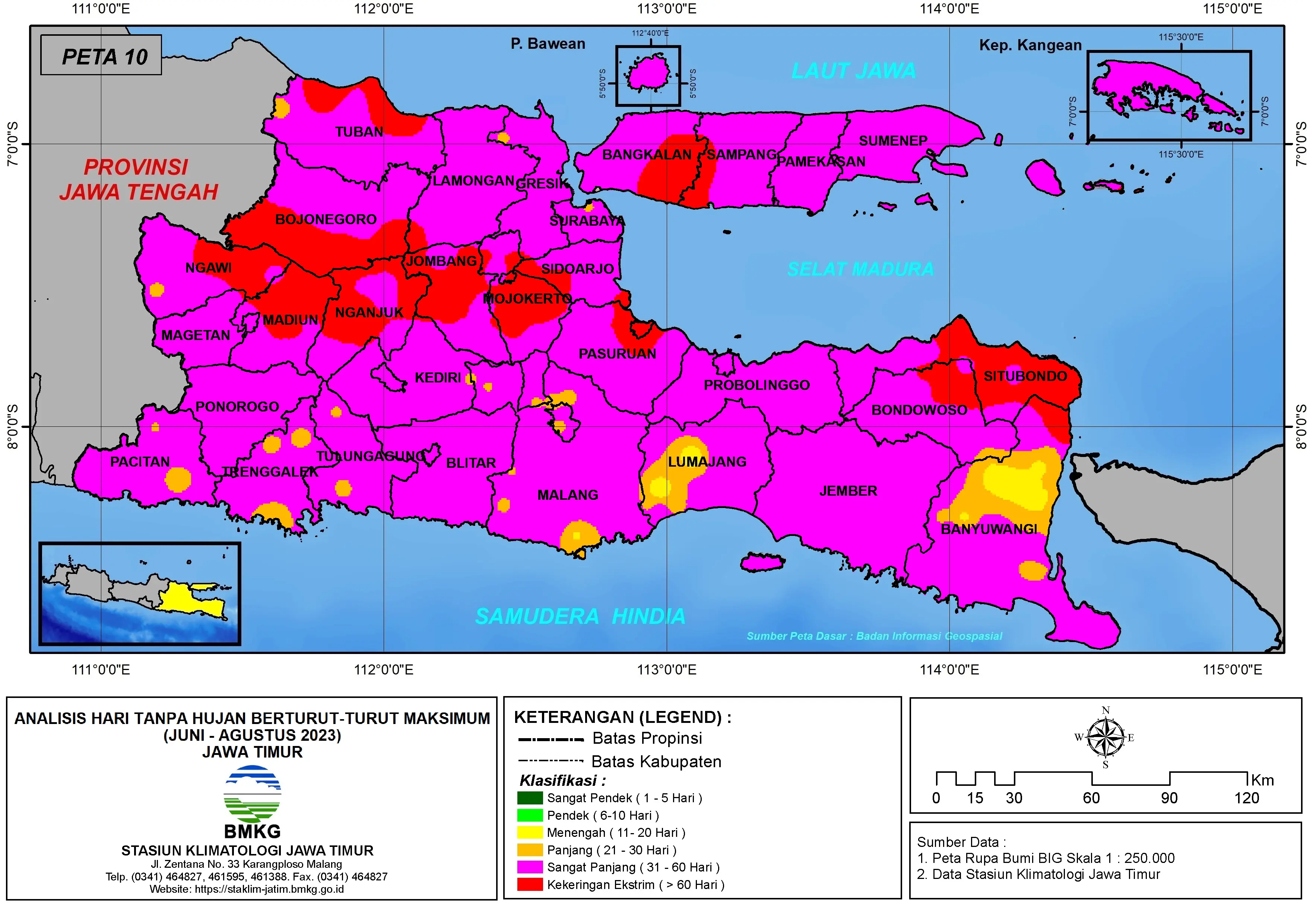 ( Analisis - Bulanan ) Hari Tanpa Hujan Berturut-Turut Maksimum di Provinsi Jawa Timur Bulan Juni - Juli - Agustus Tahun 2023