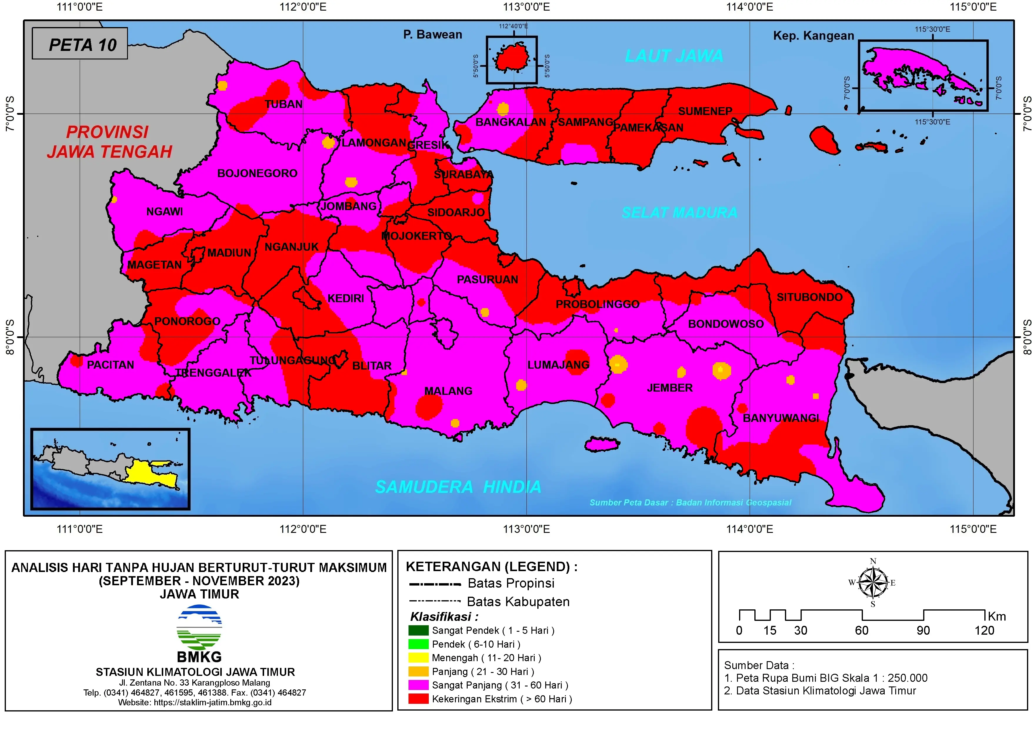 ( Analisis - Bulanan ) Hari Tanpa Hujan Berturut-Turut Maksimum di Provinsi Jawa Timur Bulan September - Oktober - November Tahun 2023