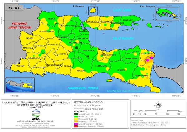 ( Analisis - Bulanan ) Hari Tanpa Hujan Berturut-Turut Maksimum di Provinsi Jawa Timur Bulan Desember Tahun 2023 - Januari - Februari tahun 2024