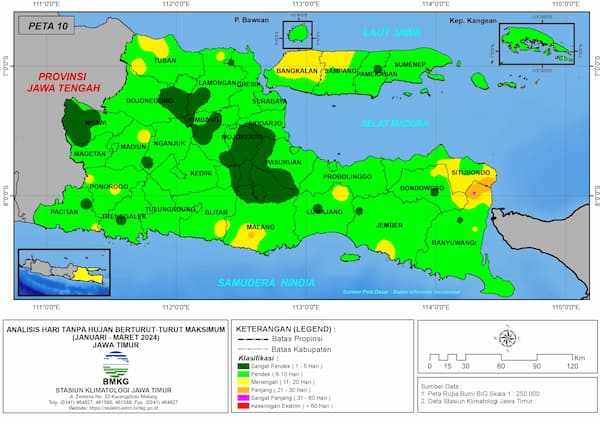 ( Analisis - Bulanan ) Hari Tanpa Hujan Berturut-Turut Maksimum di Provinsi Jawa Timur Bulan Januari - Februari - Maret tahun 2024