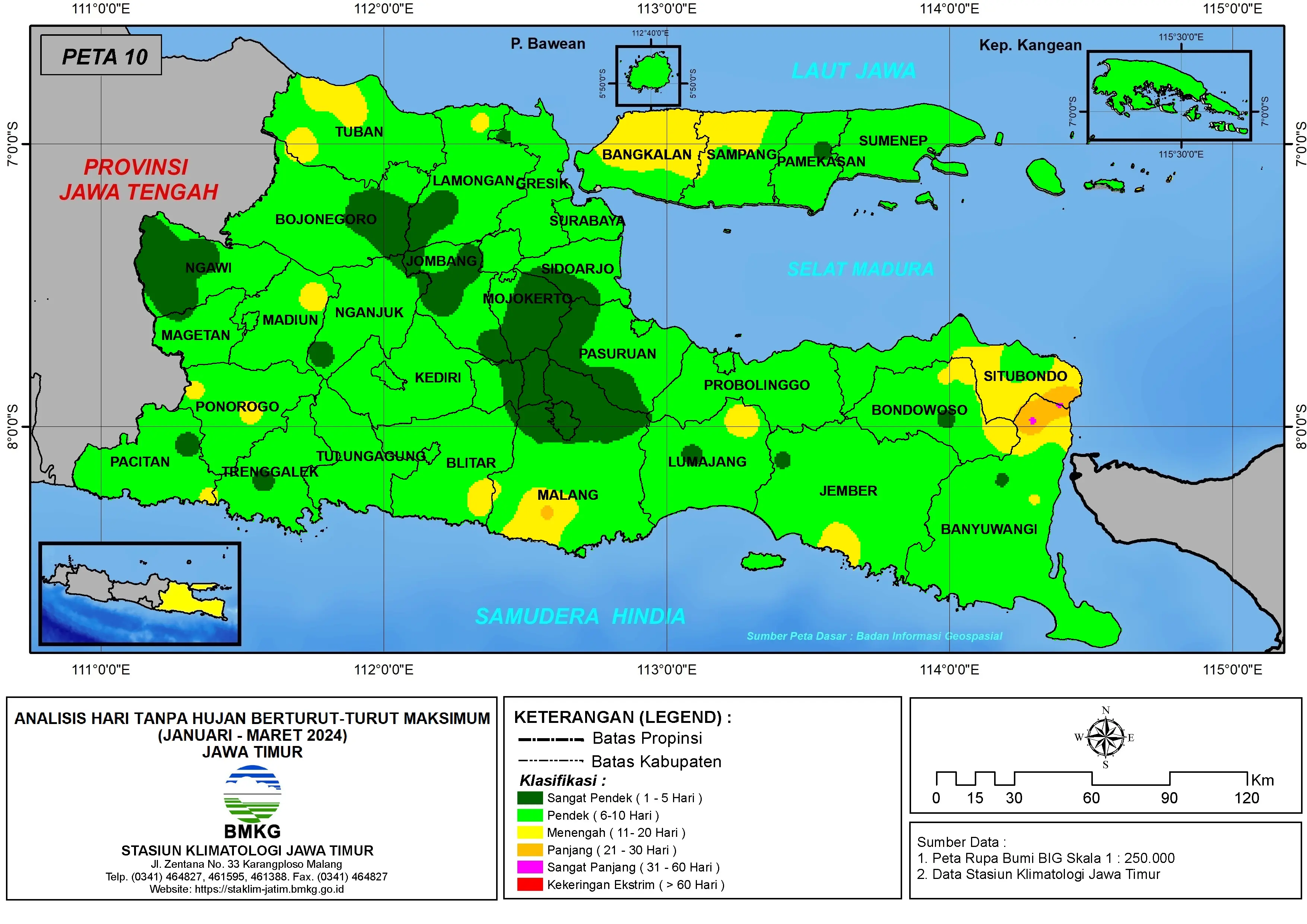 ( Analisis - Bulanan ) Hari Tanpa Hujan Berturut-Turut Maksimum di Provinsi Jawa Timur Bulan Januari - Februari - Maret tahun 2024
