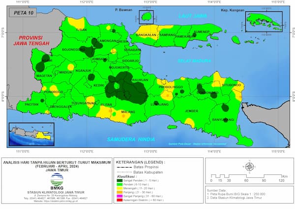 ( Analisis - Bulanan ) Hari Tanpa Hujan Berturut-Turut Maksimum di Provinsi Jawa Timur Bulan Februari - Maret - April tahun 2024