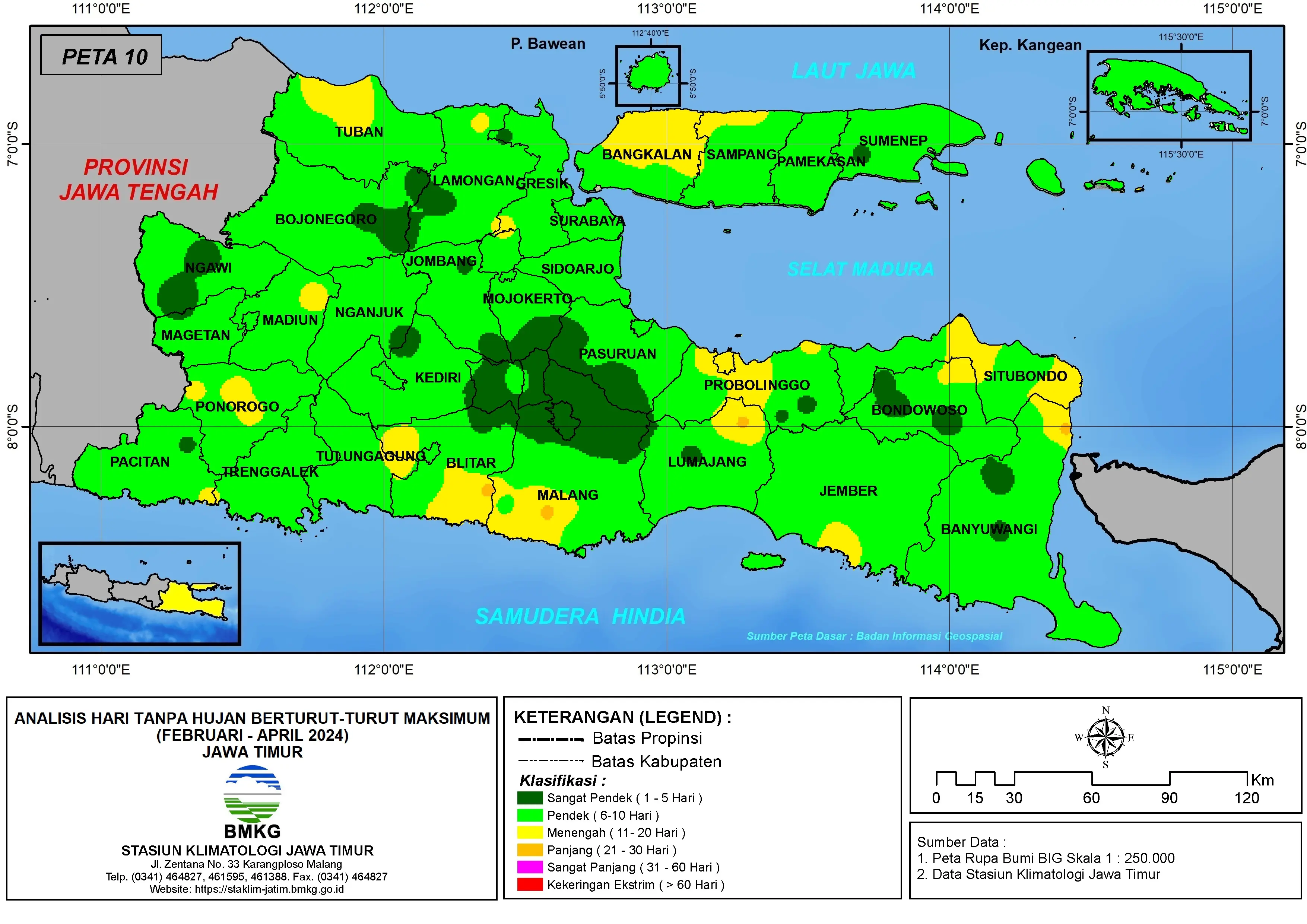 ( Analisis - Bulanan ) Hari Tanpa Hujan Berturut-Turut Maksimum di Provinsi Jawa Timur Bulan Februari - Maret - April tahun 2024