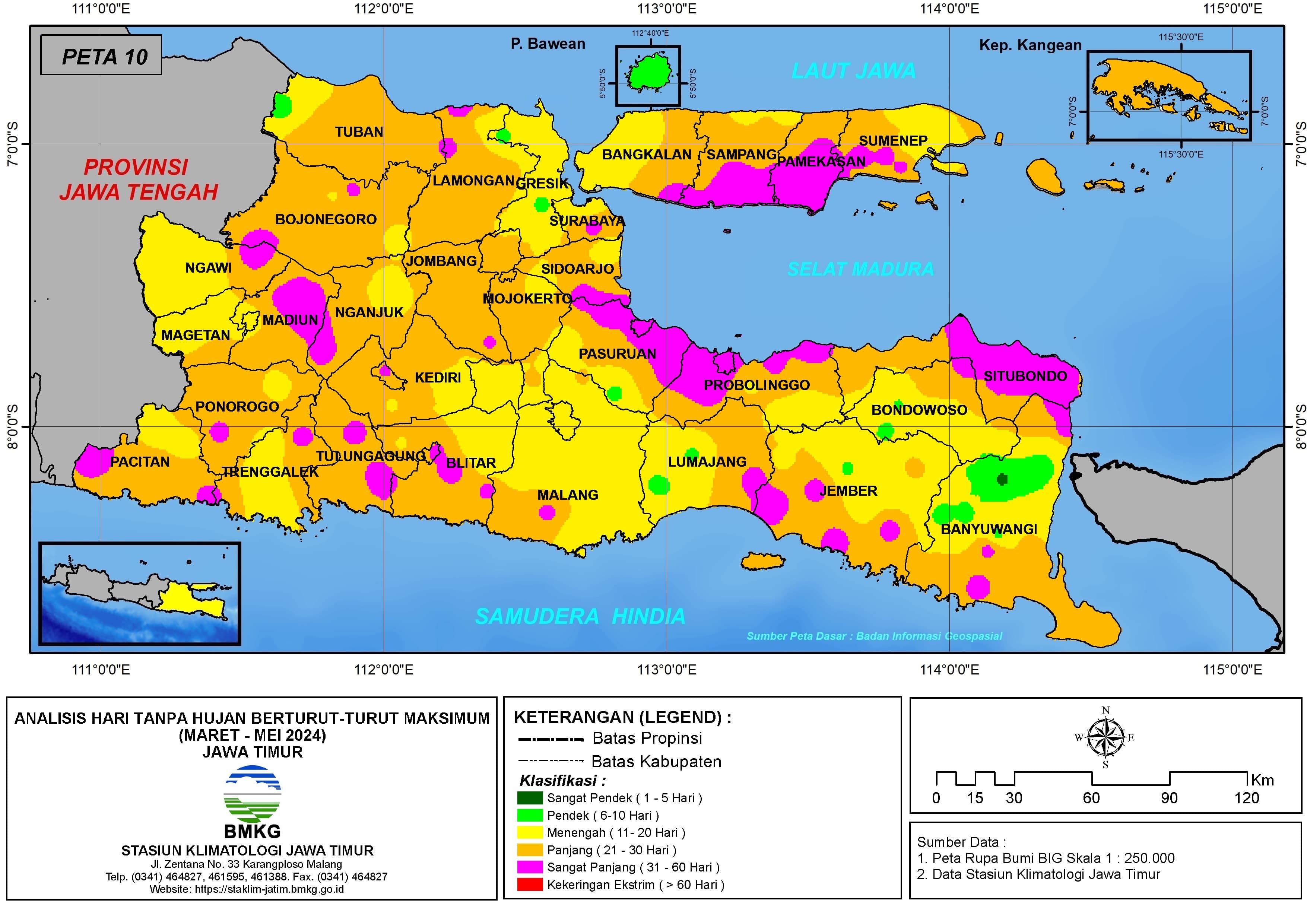 ( Analisis - Bulanan ) Hari Tanpa Hujan Berturut-Turut Maksimum di Provinsi Jawa Timur Bulan Maret - April - Mei tahun 2024
