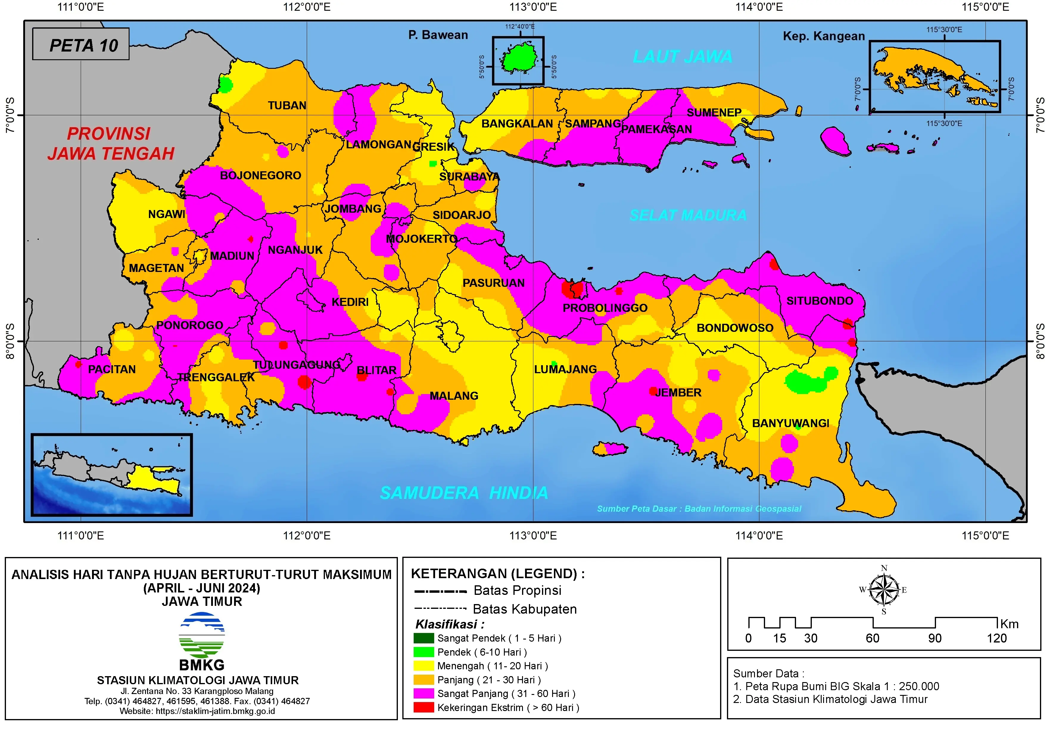 ( Analisis - Bulanan ) Hari Tanpa Hujan Berturut-Turut Maksimum di Provinsi Jawa Timur Bulan April - Mei - Juni tahun 2024