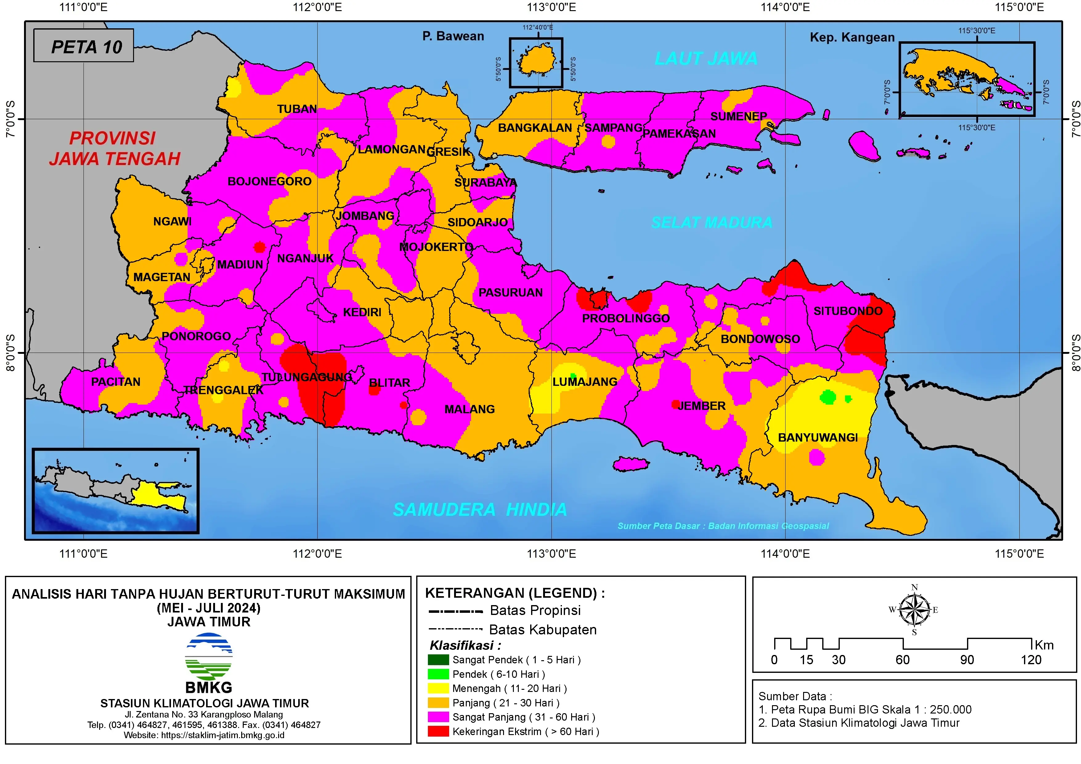( Analisis - Bulanan ) Hari Tanpa Hujan Berturut-Turut Maksimum di Provinsi Jawa Timur Bulan Mei - Juni - Juli Tahun 2024