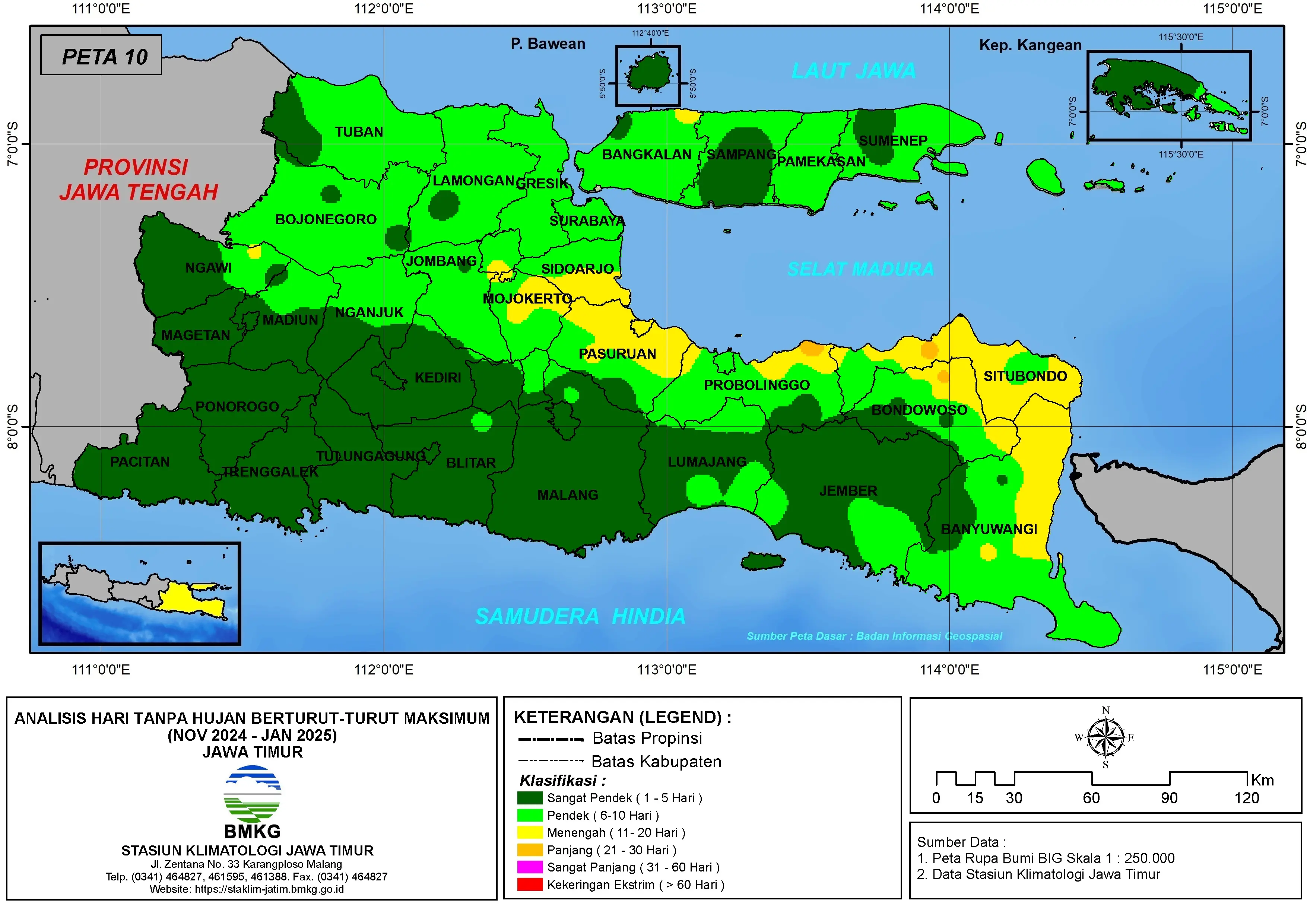 ( Analisis - Bulanan ) Hari Tanpa Hujan Berturut-Turut Maksimum di Provinsi Jawa Timur Bulan November - Desember Tahun 2024 - Januari Tahun 2025