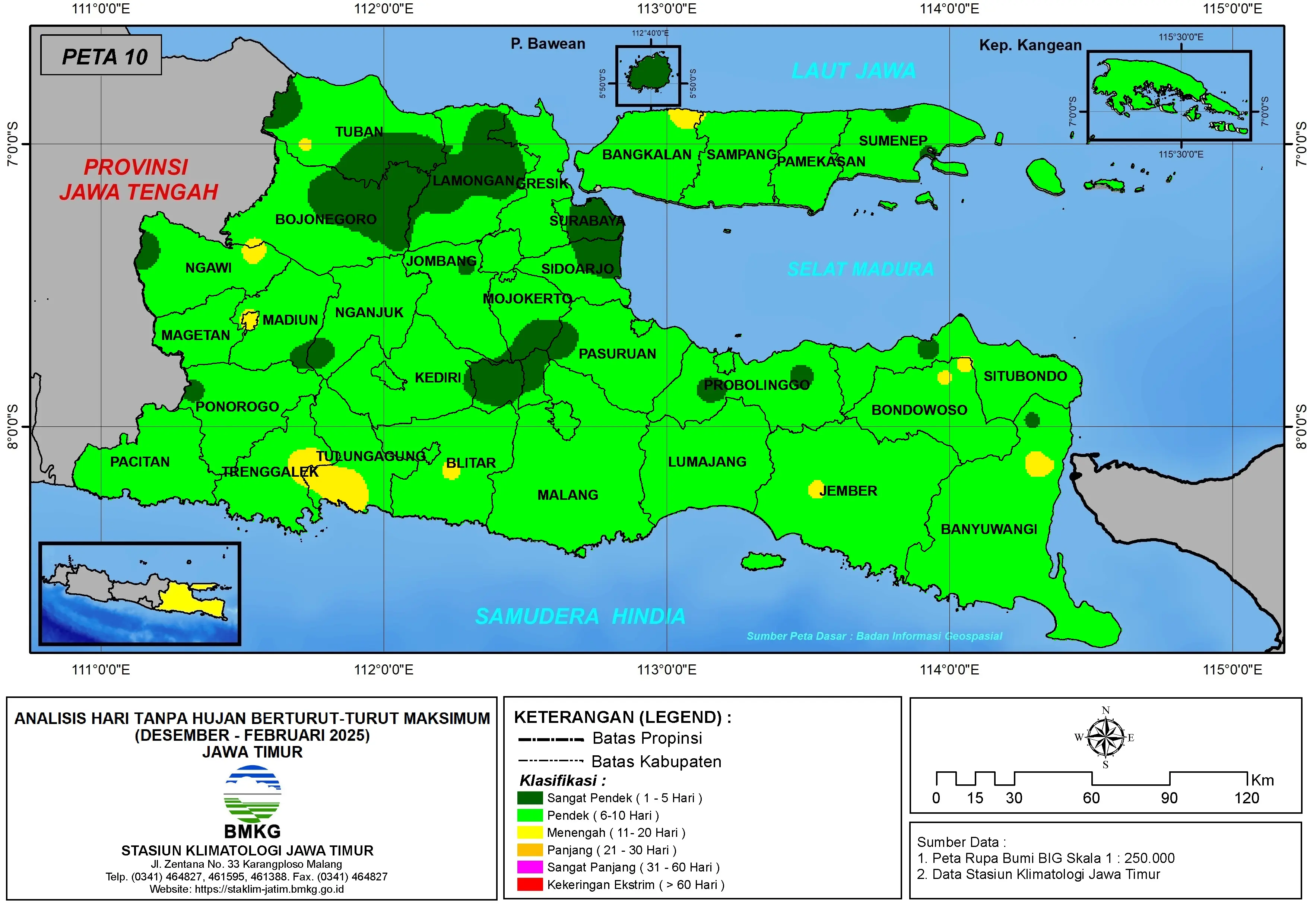 ( Analisis - Bulanan ) Hari Tanpa Hujan Berturut-Turut Maksimum di Provinsi Jawa Timur Bulan Desember Tahun 2024 - Januari - Februari Tahun 2025