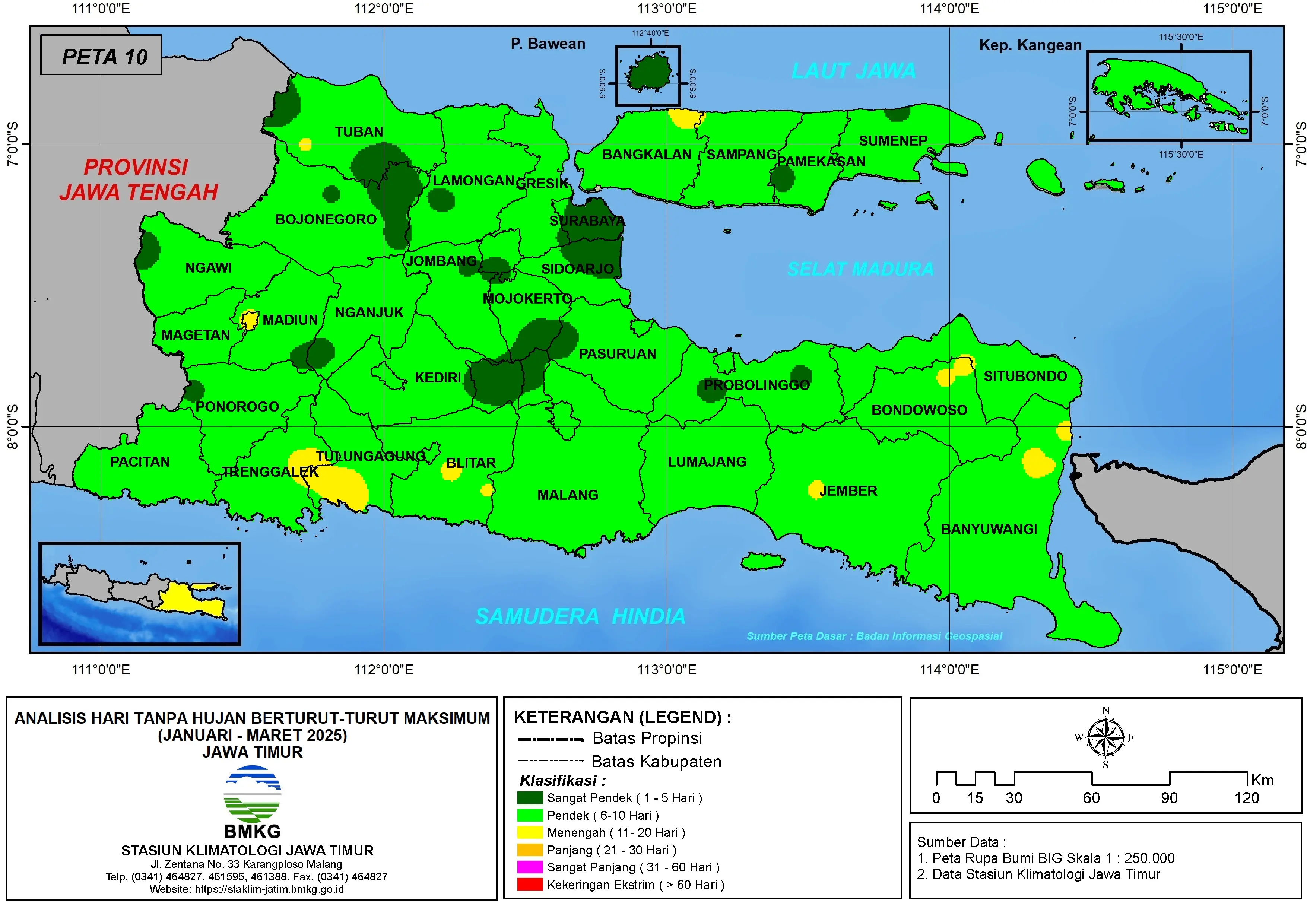 ( Analisis - Bulanan ) Hari Tanpa Hujan Berturut-Turut Maksimum di Provinsi Jawa Timur Bulan Januari - Februari - Maret Tahun 2025