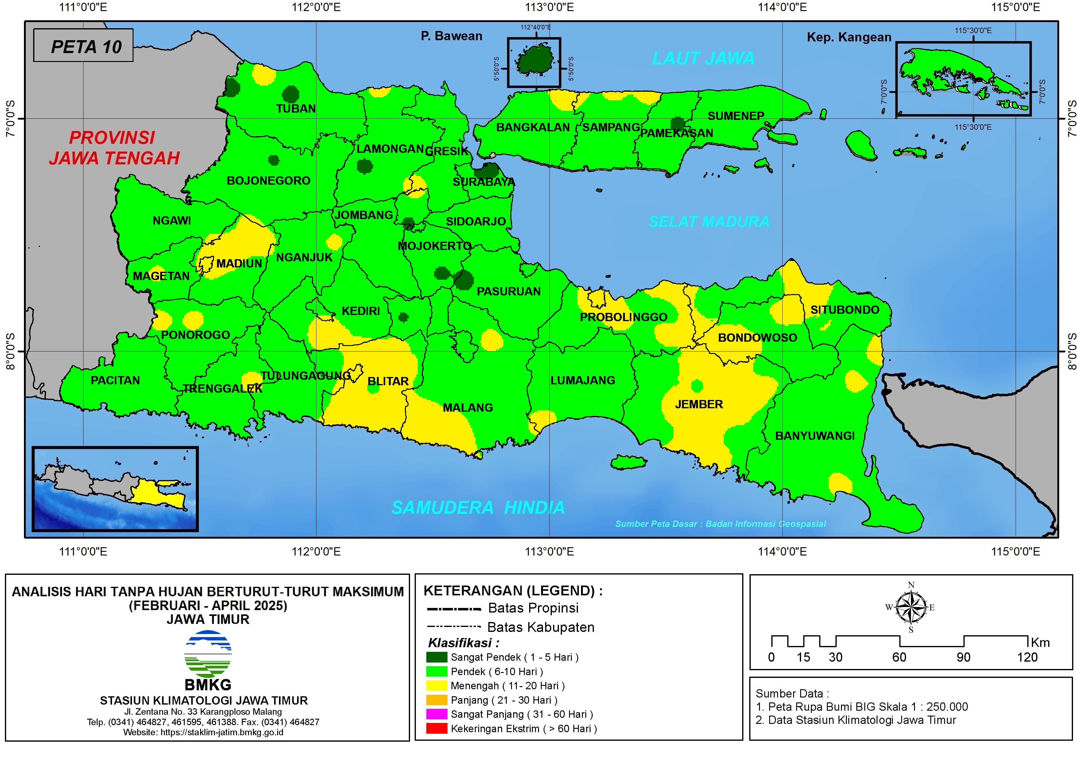 ( Analisis - Bulanan ) Hari Tanpa Hujan Berturut-Turut Maksimum di Provinsi Jawa Timur Bulan Februari - Maret - April Tahun 2025