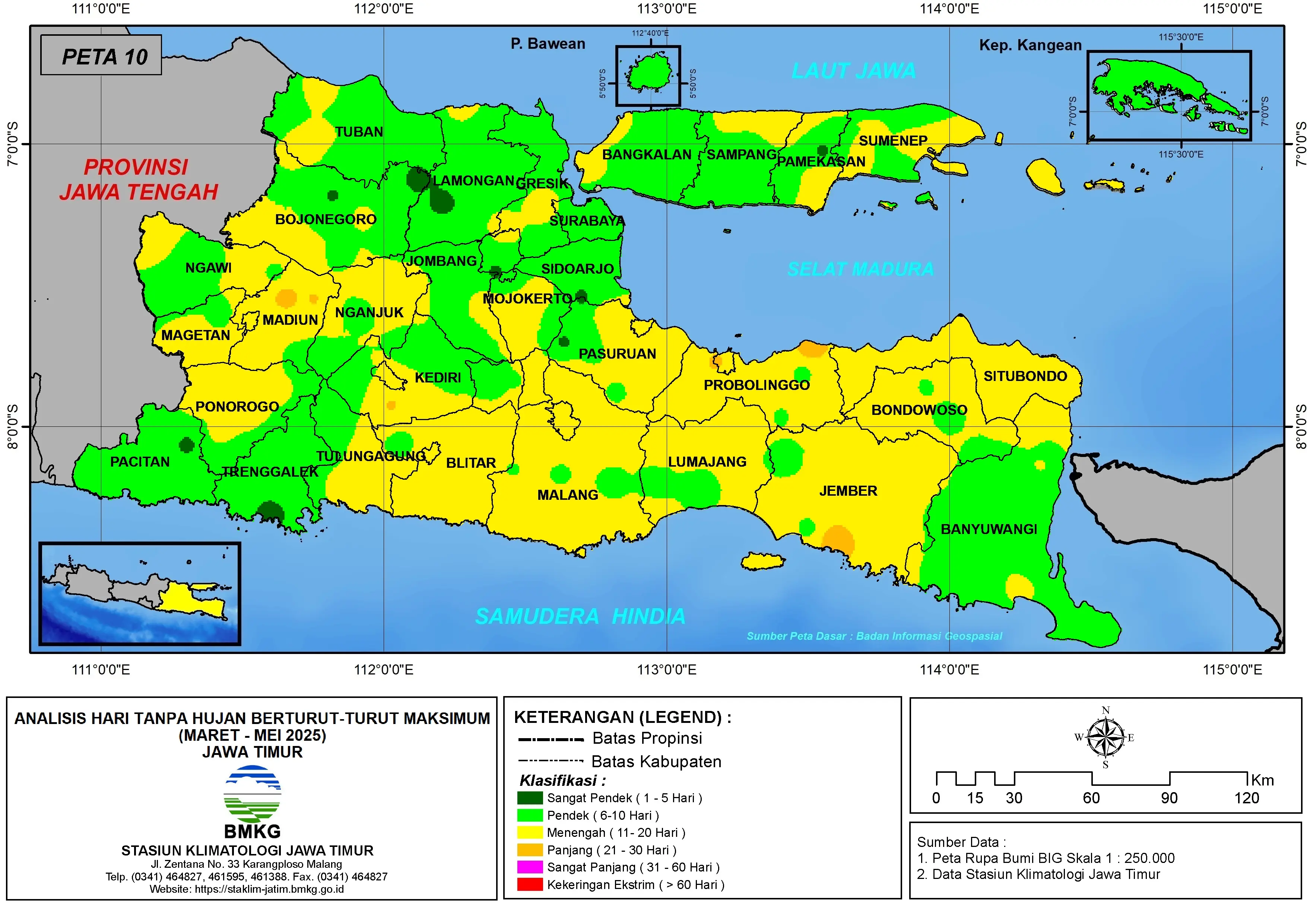 ( Analisis - Bulanan ) Hari Tanpa Hujan Berturut-Turut Maksimum di Provinsi Jawa Timur Bulan April - Mei - Juni Tahun 2025