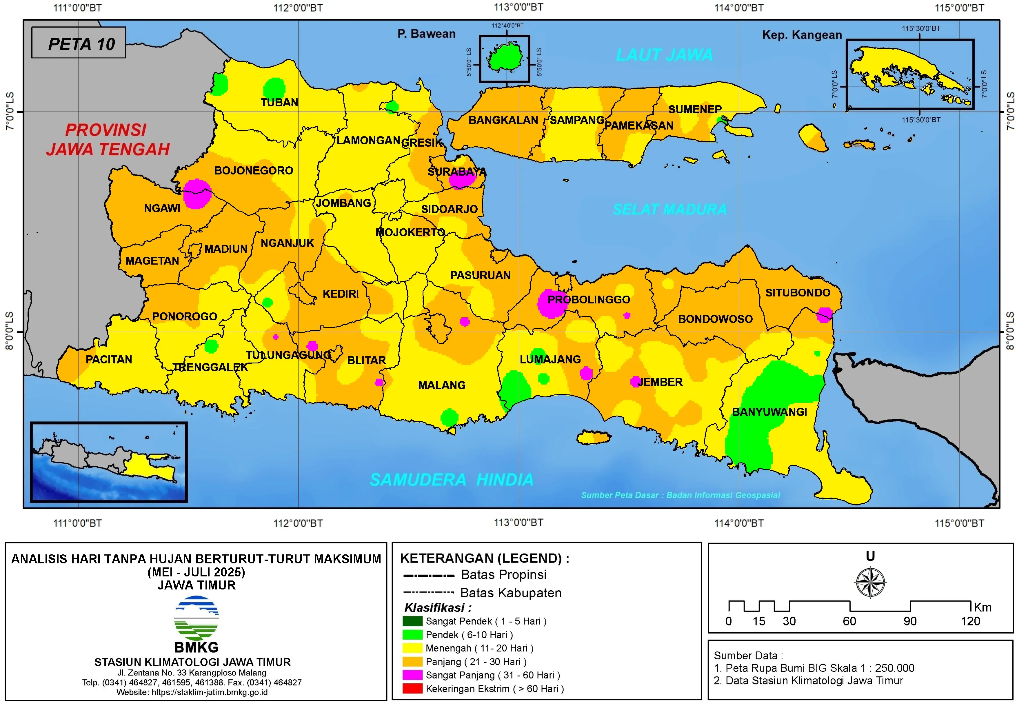 ( Analisis - Bulanan ) Hari Tanpa Hujan Berturut-Turut Maksimum di Provinsi Jawa Timur Bulan Mei - Juni - Juli Tahun 2025