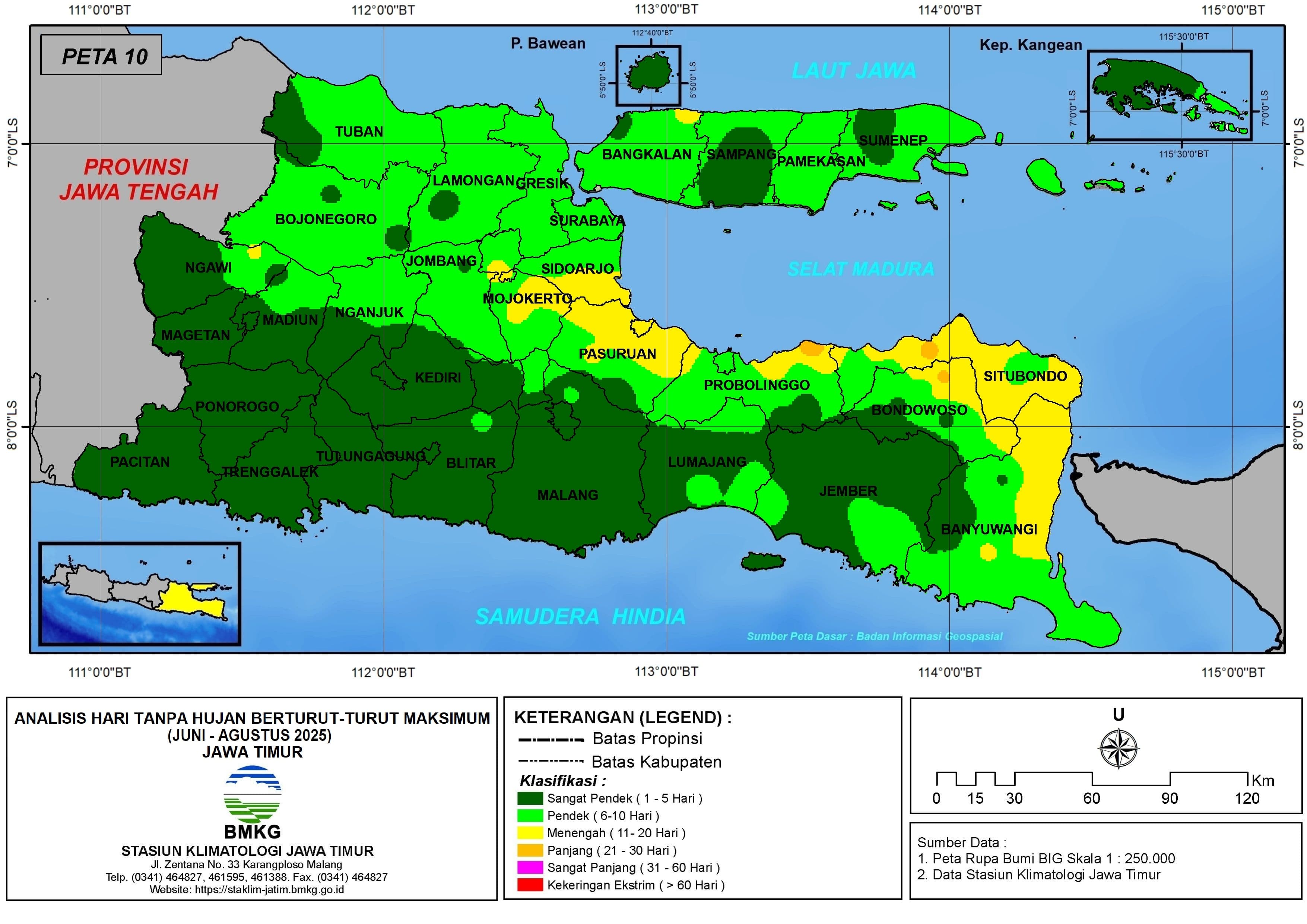 ( Analisis - Bulanan ) Hari Tanpa Hujan Berturut-Turut Maksimum di Provinsi Jawa Timur Bulan Juni - Juli - Agustus Tahun 2025
