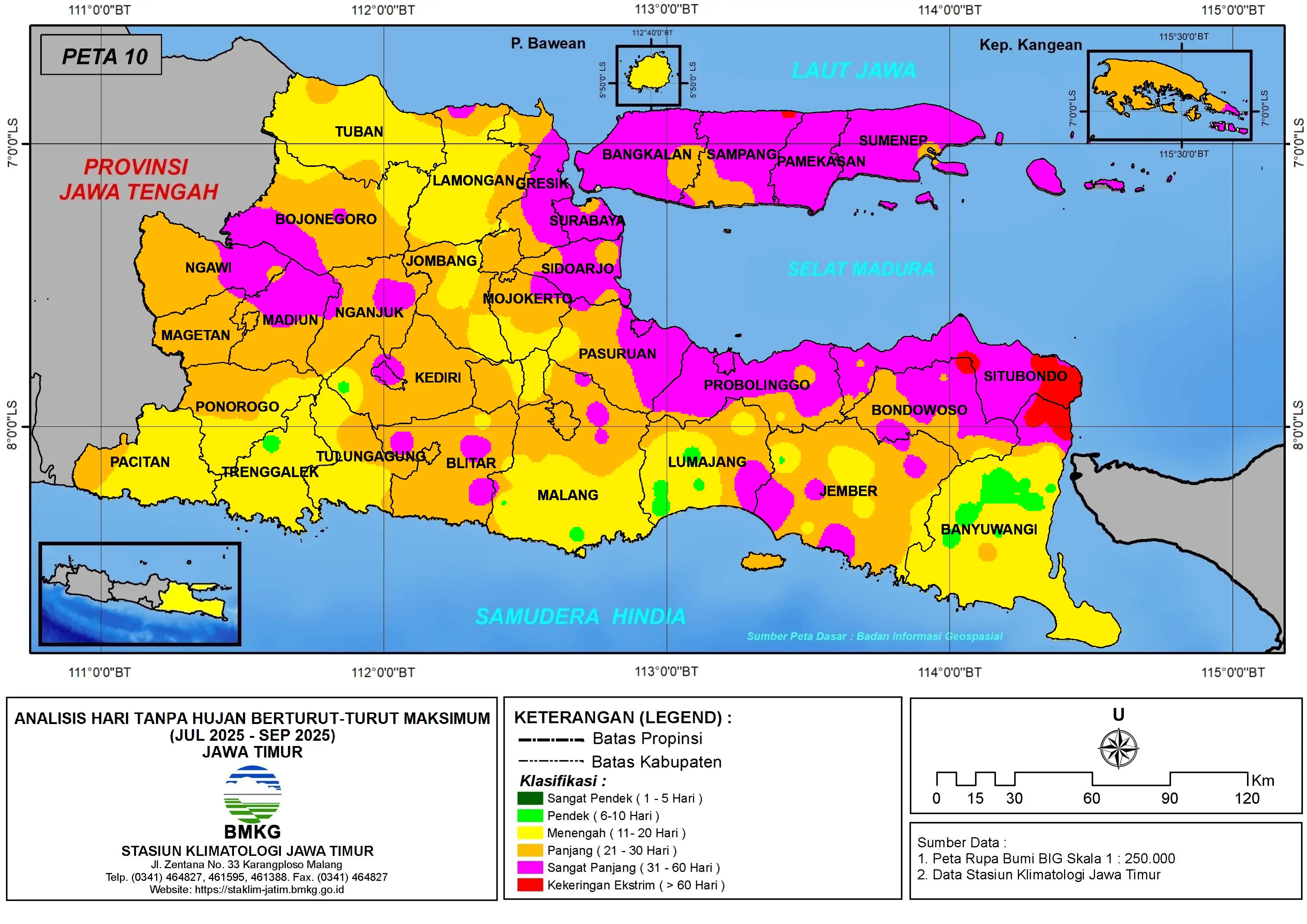 ( Analisis - Bulanan ) Hari Tanpa Hujan Berturut-Turut Maksimum di Provinsi Jawa Timur Bulan Juli - Agustus - September Tahun 2025