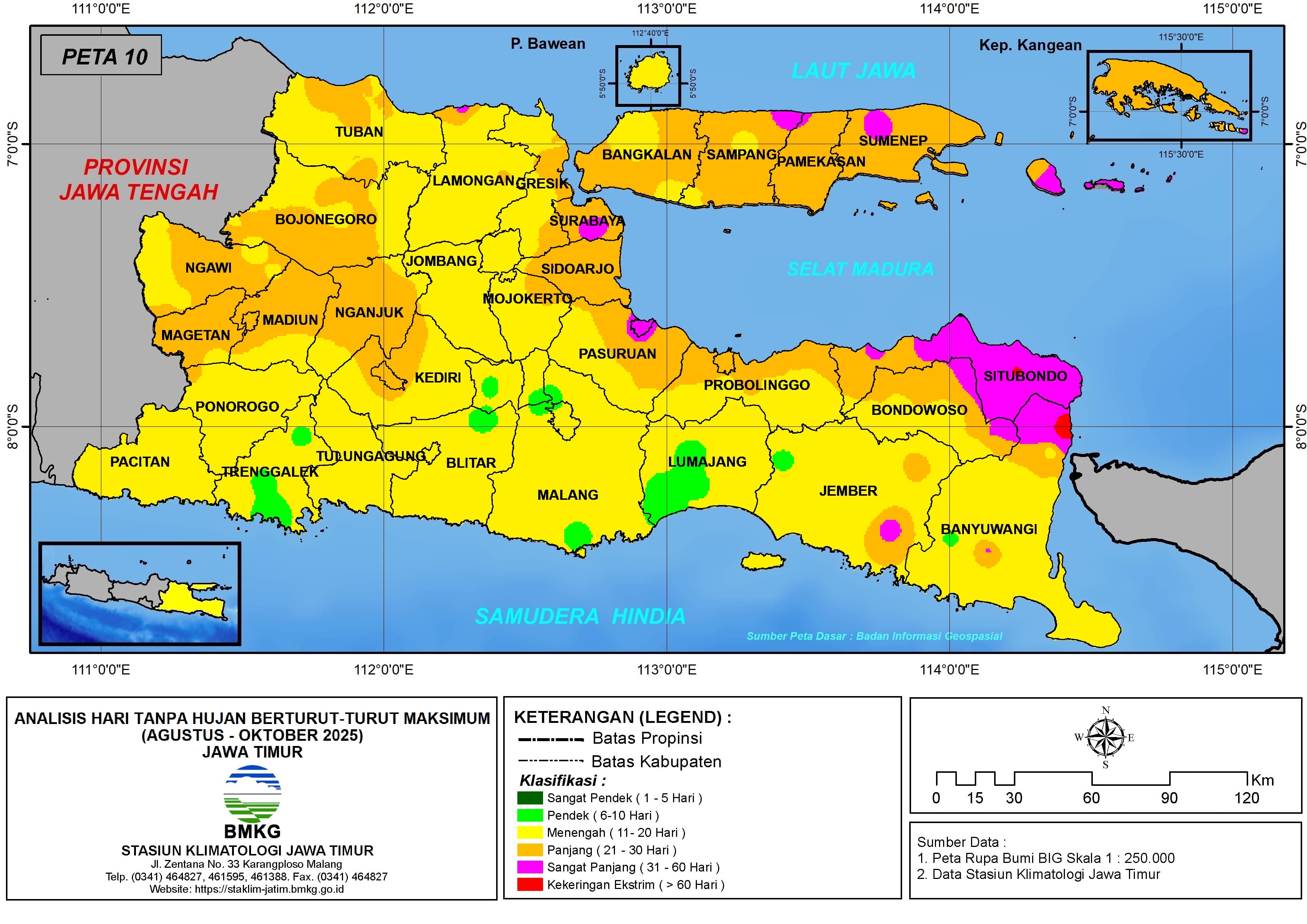 ( Analisis - Bulanan ) Hari Tanpa Hujan Berturut-Turut Maksimum di Provinsi Jawa Timur Bulan Agustus - September - Oktober Tahun 2025