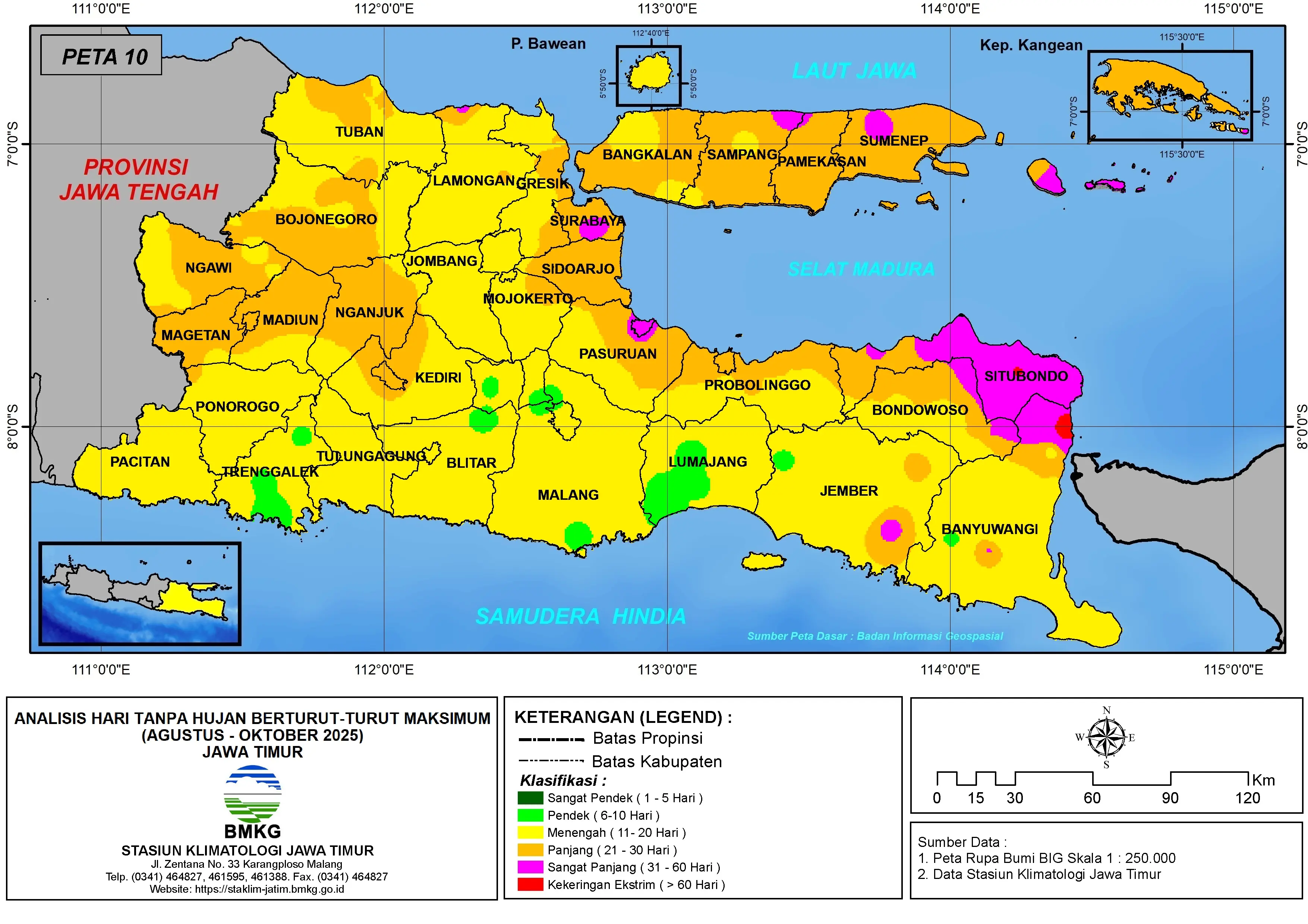 ( Analisis - Bulanan ) Hari Tanpa Hujan Berturut-Turut Maksimum di Provinsi Jawa Timur Bulan Agustus - September - Oktober Tahun 2025