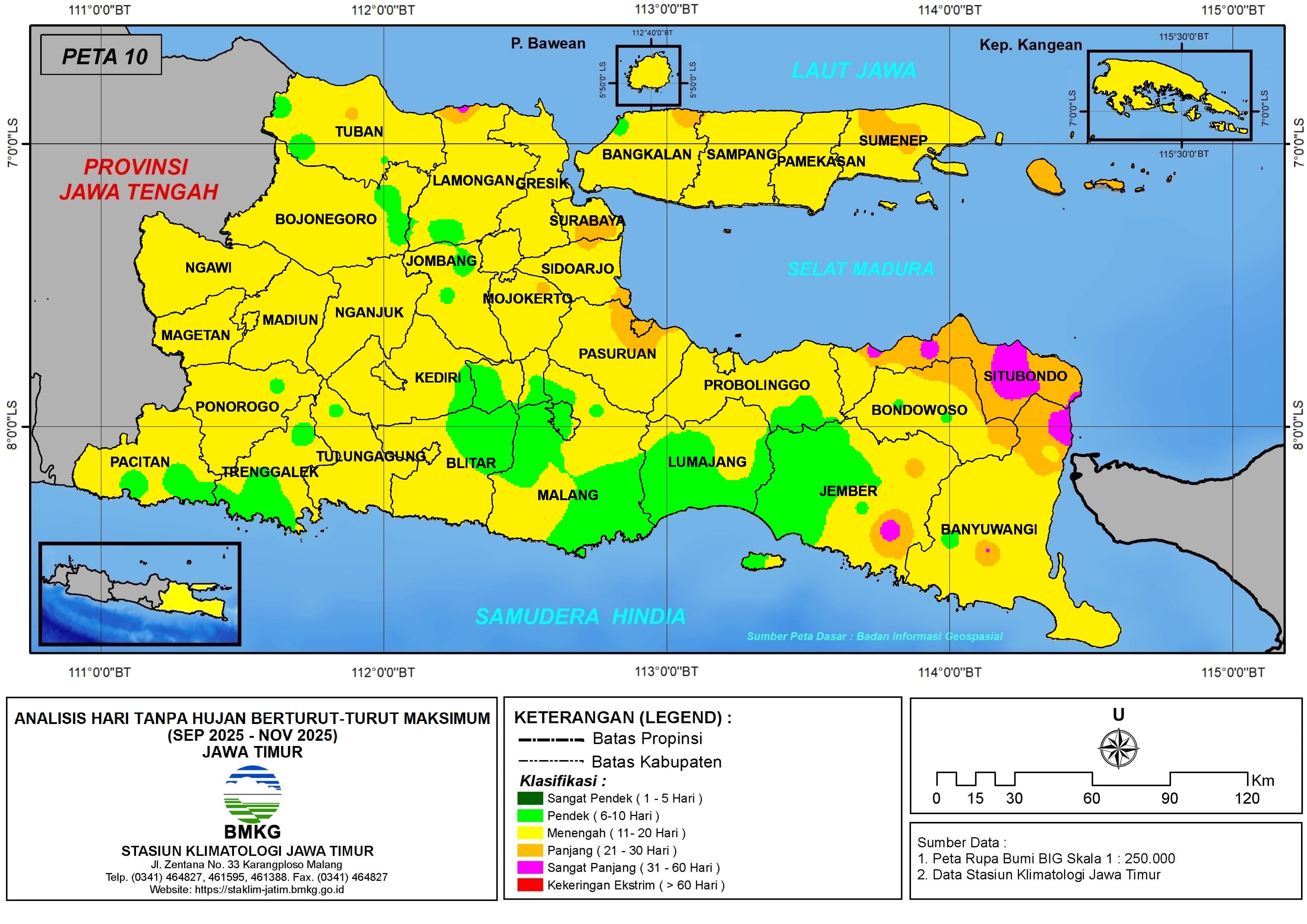 ( Analisis - Bulanan ) Hari Tanpa Hujan Berturut-Turut Maksimum di Provinsi Jawa Timur Bulan September - Oktober - November Tahun 2025
