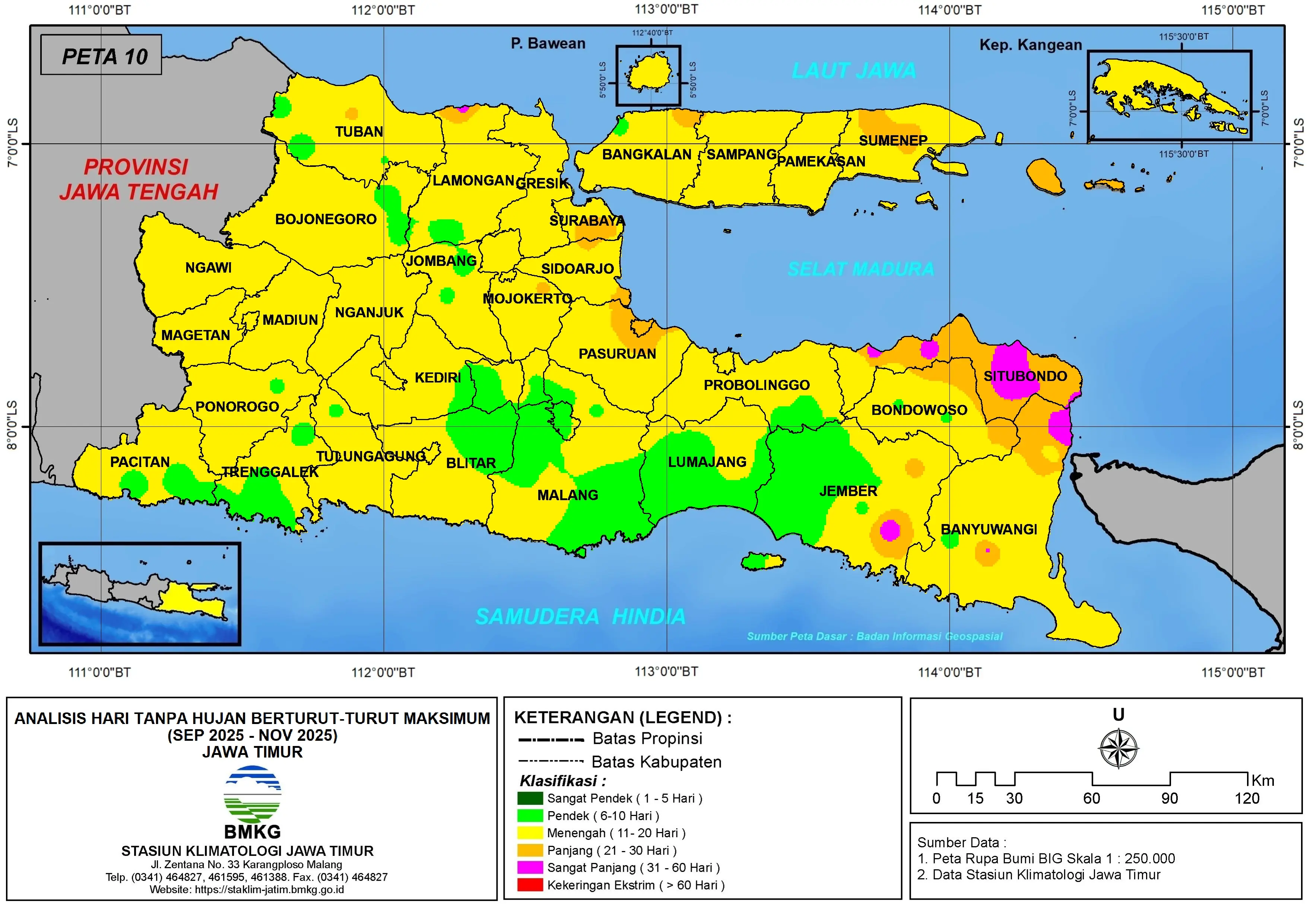 ( Analisis - Bulanan ) Hari Tanpa Hujan Berturut-Turut Maksimum di Provinsi Jawa Timur Bulan September - Oktober - November Tahun 2025