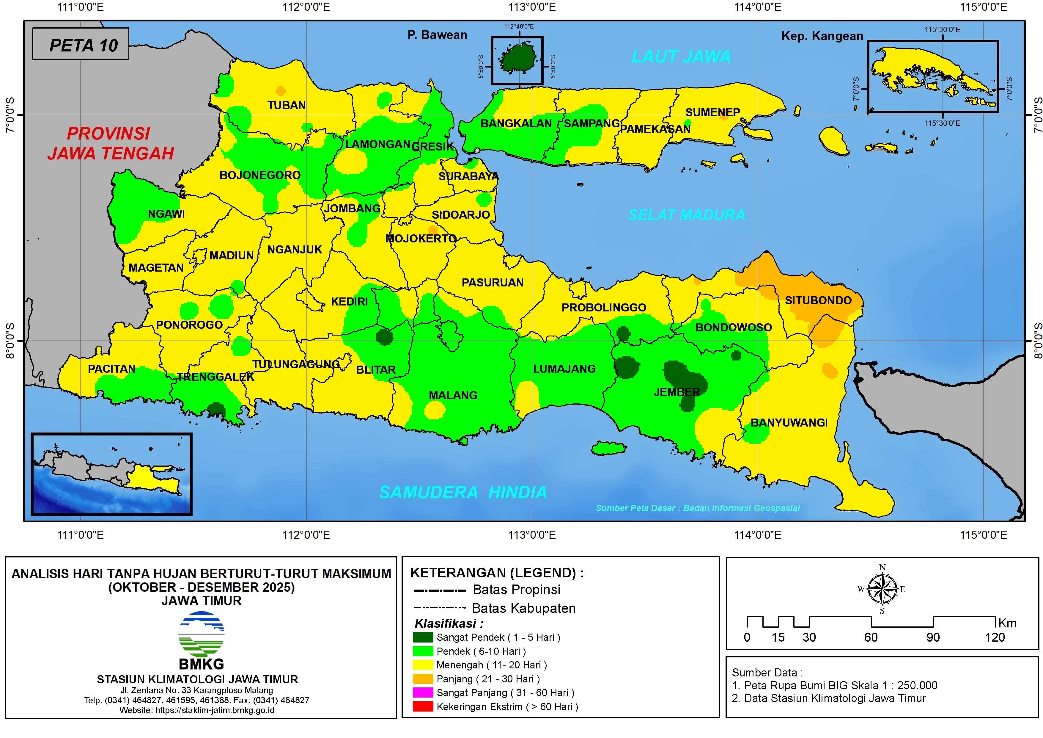 ( Analisis - Bulanan ) Hari Tanpa Hujan Berturut-Turut Maksimum di Provinsi Jawa Timur Bulan Oktober - November - Desember Tahun 2025