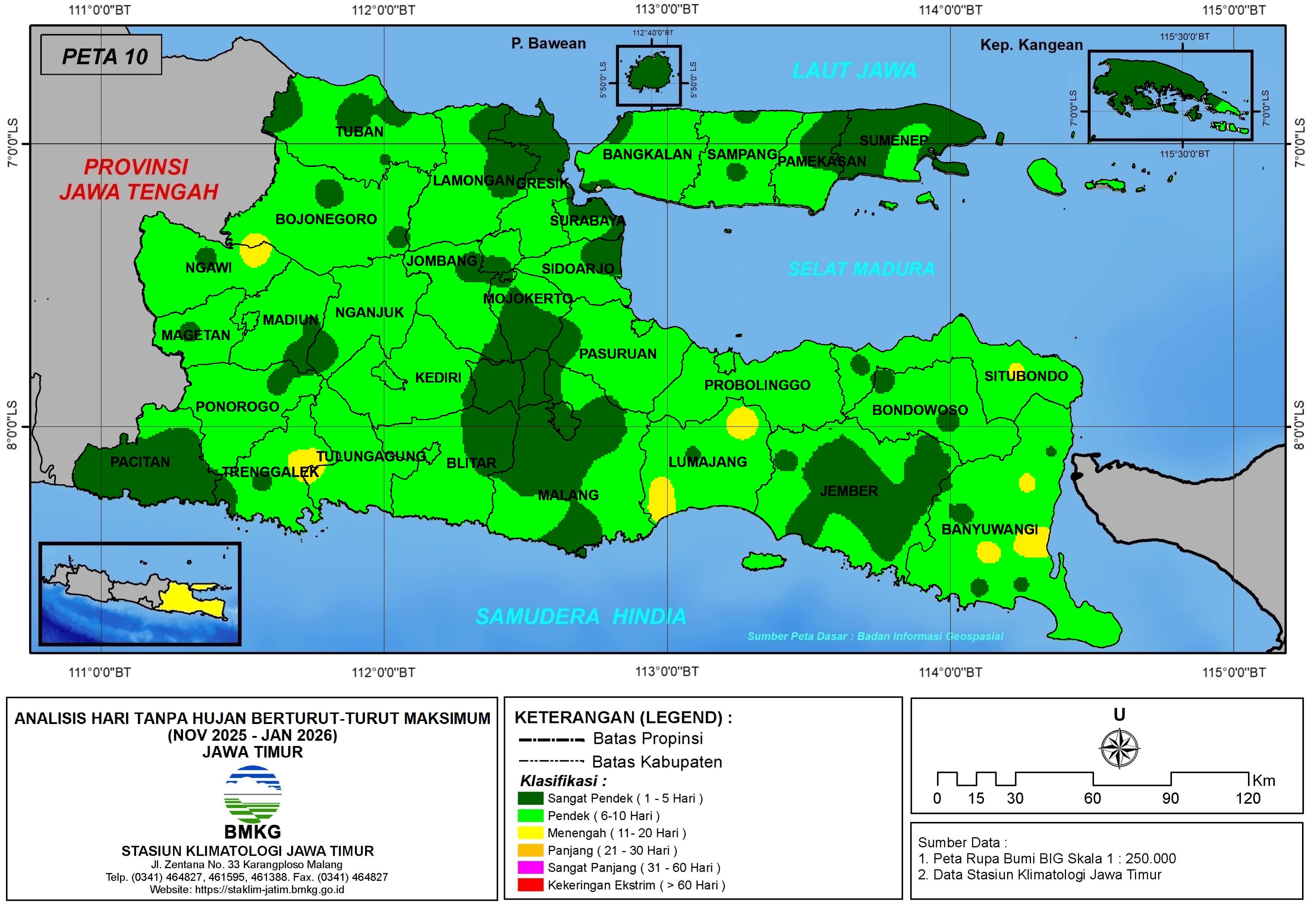 ( Analisis - Bulanan ) Hari Tanpa Hujan Berturut-Turut Maksimum di Provinsi Jawa Timur Bulan November - Desember Tahun 2025 - Januari Tahun 2026