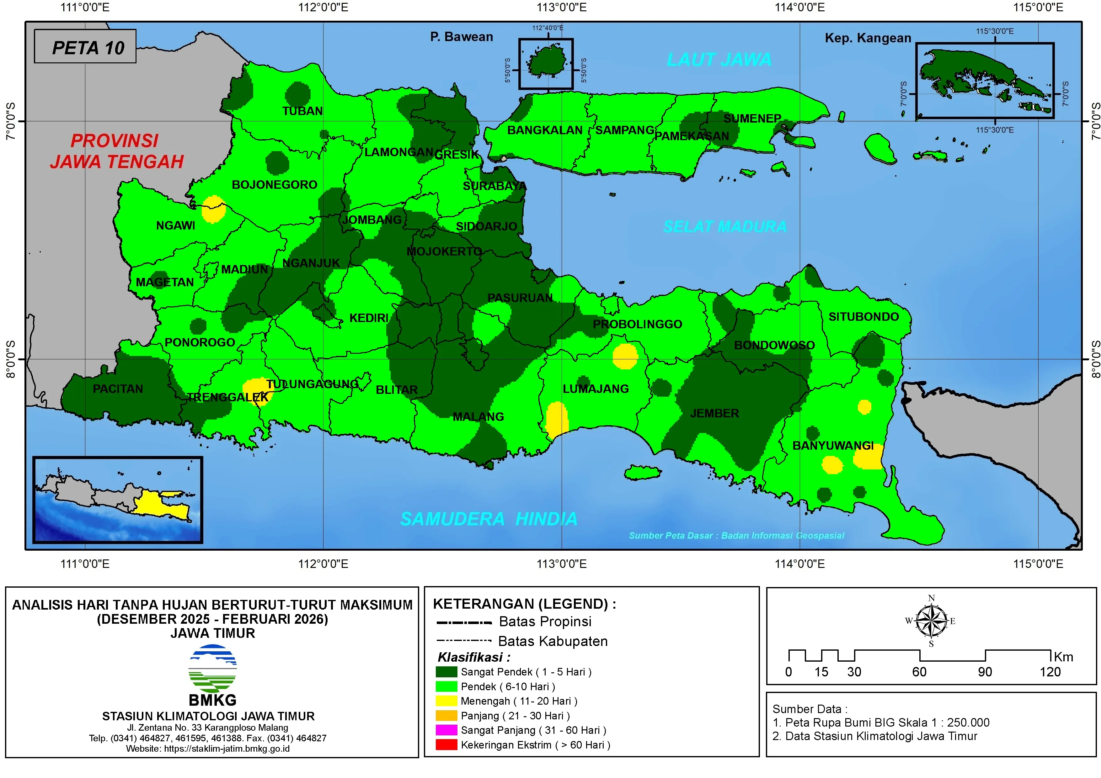 ( Analisis - Bulanan ) Hari Tanpa Hujan Berturut-Turut Maksimum di Provinsi Jawa Timur Bulan Desember Tahun 2025 - Januari - Februari Tahun 2026