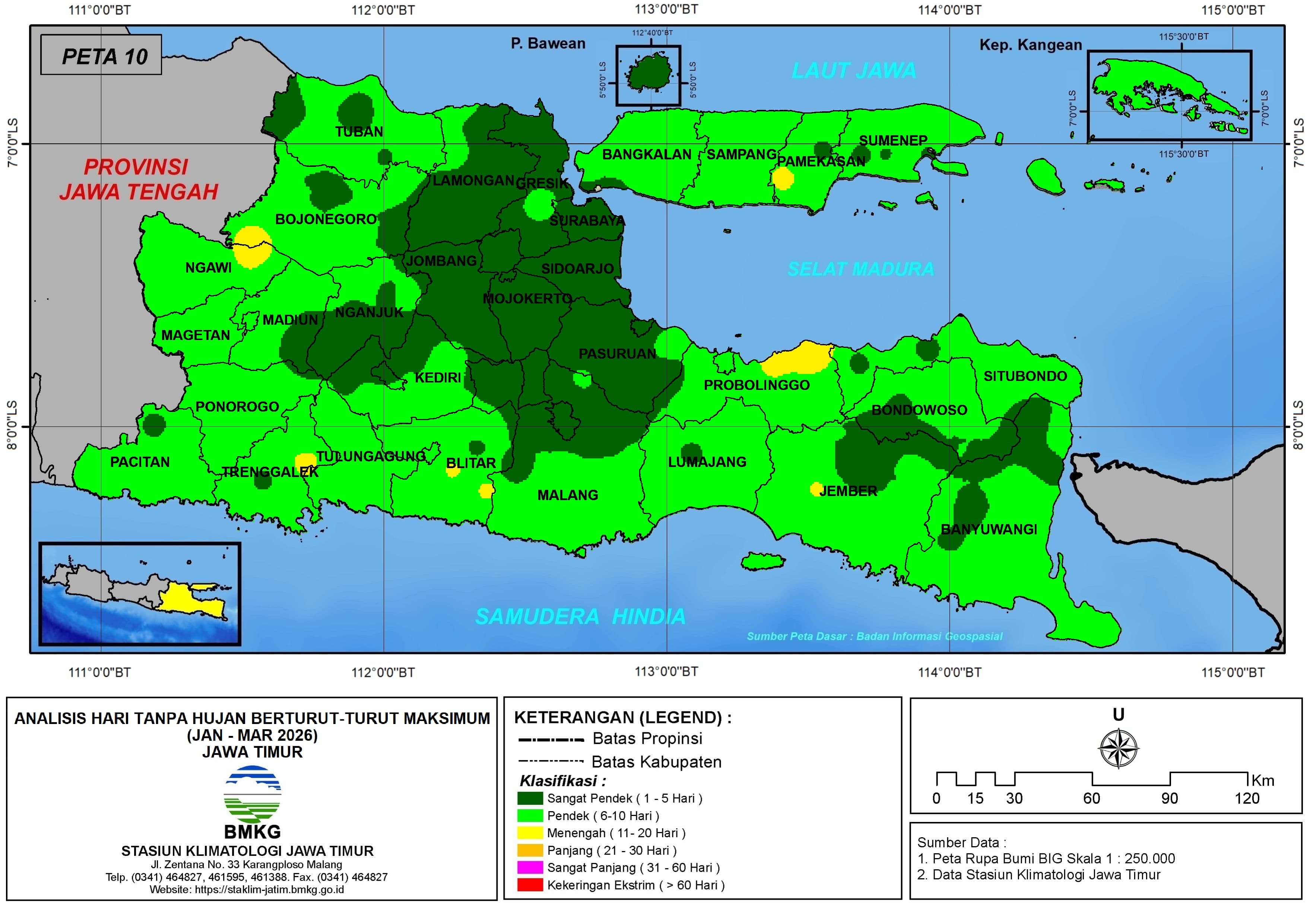 ( Analisis - Bulanan ) Hari Tanpa Hujan Berturut-Turut Maksimum di Provinsi Jawa Timur Bulan Januari - Februari - Maret Tahun 2026