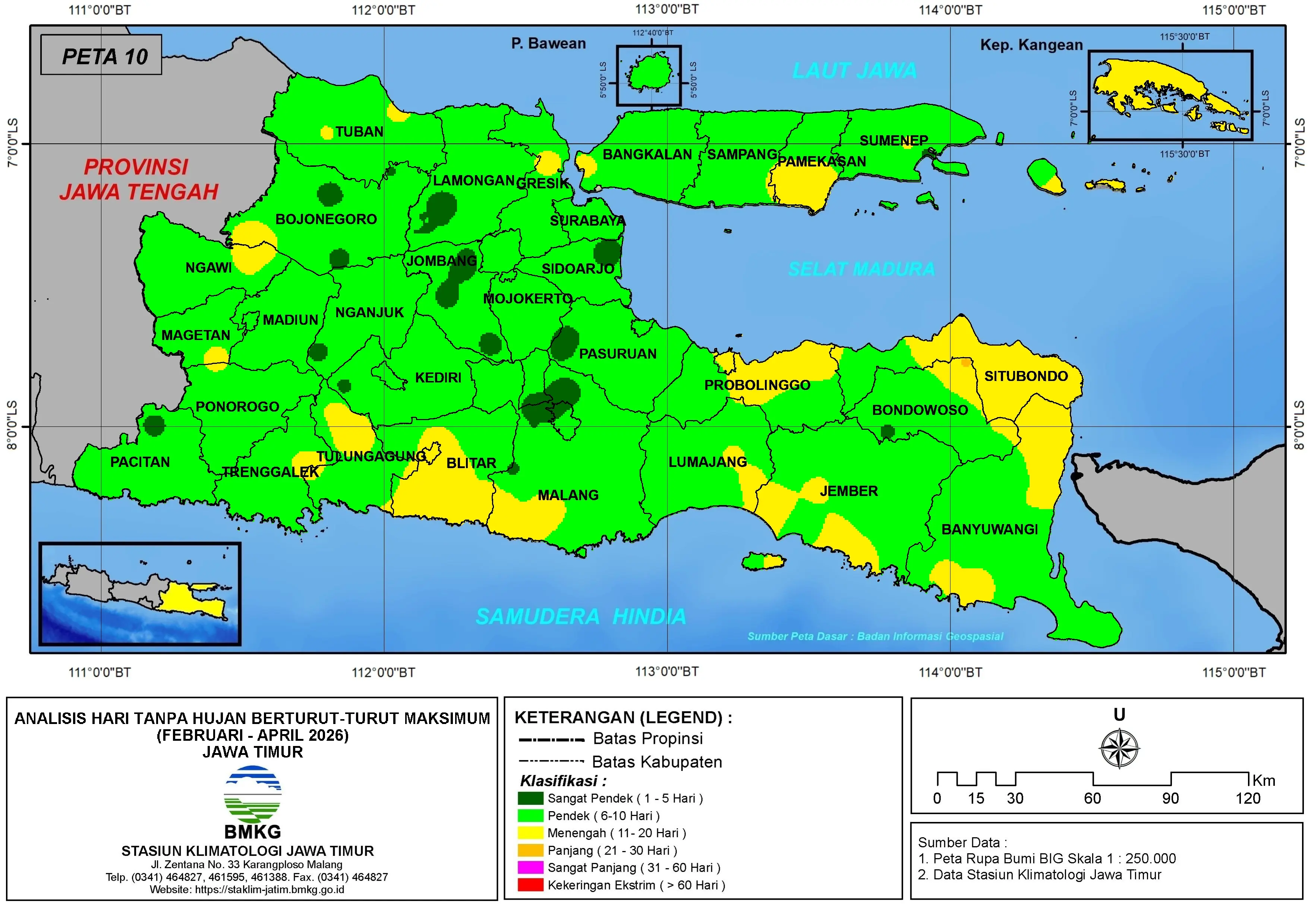 ( Analisis - Bulanan ) Hari Tanpa Hujan Berturut-Turut Maksimum di Provinsi Jawa Timur Bulan Februari - Maret - April Tahun 2026