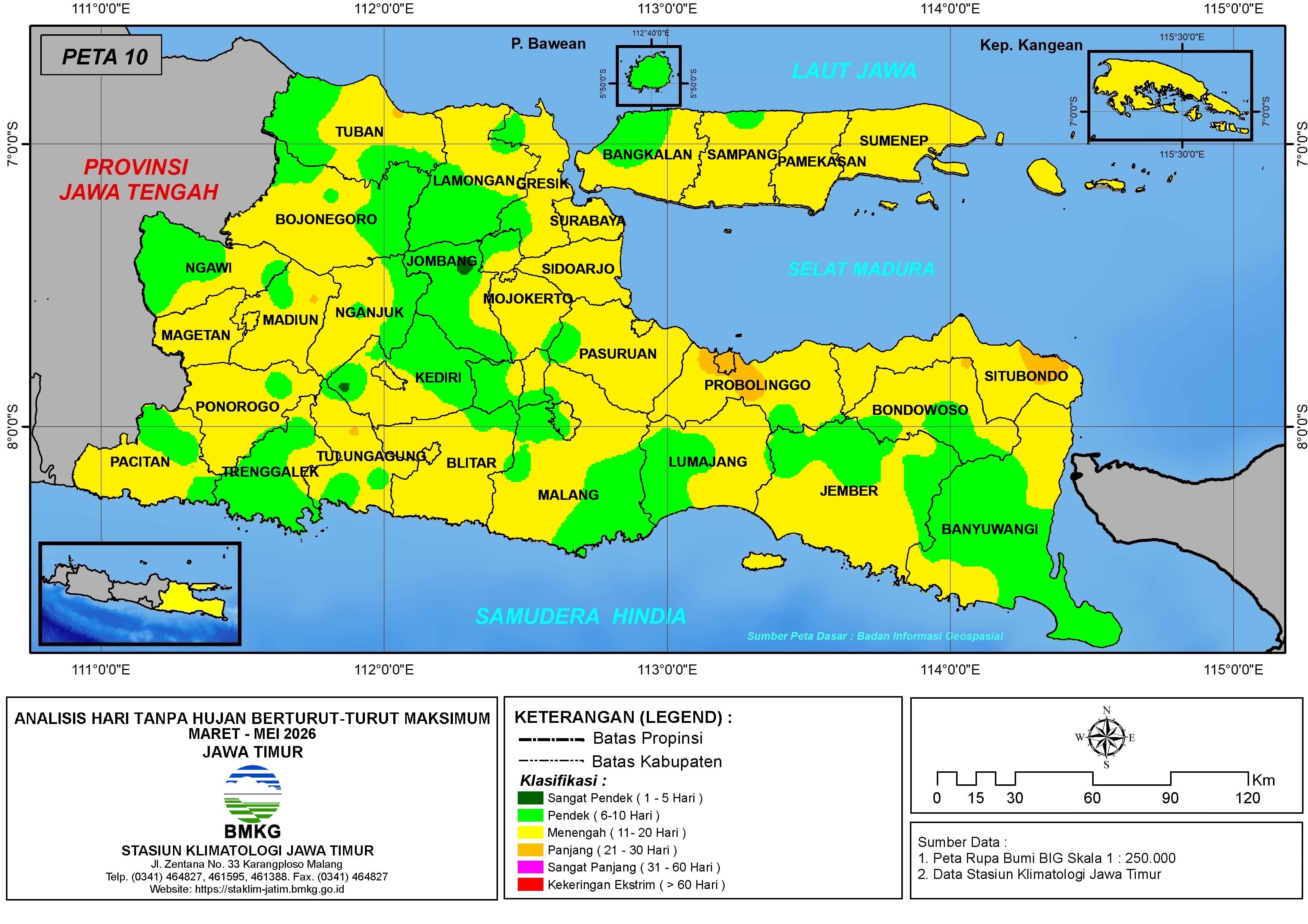 ( Analisis - Bulanan ) Hari Tanpa Hujan Berturut-Turut Maksimum di Provinsi Jawa Timur Bulan Maret - April - Mei Tahun 2026