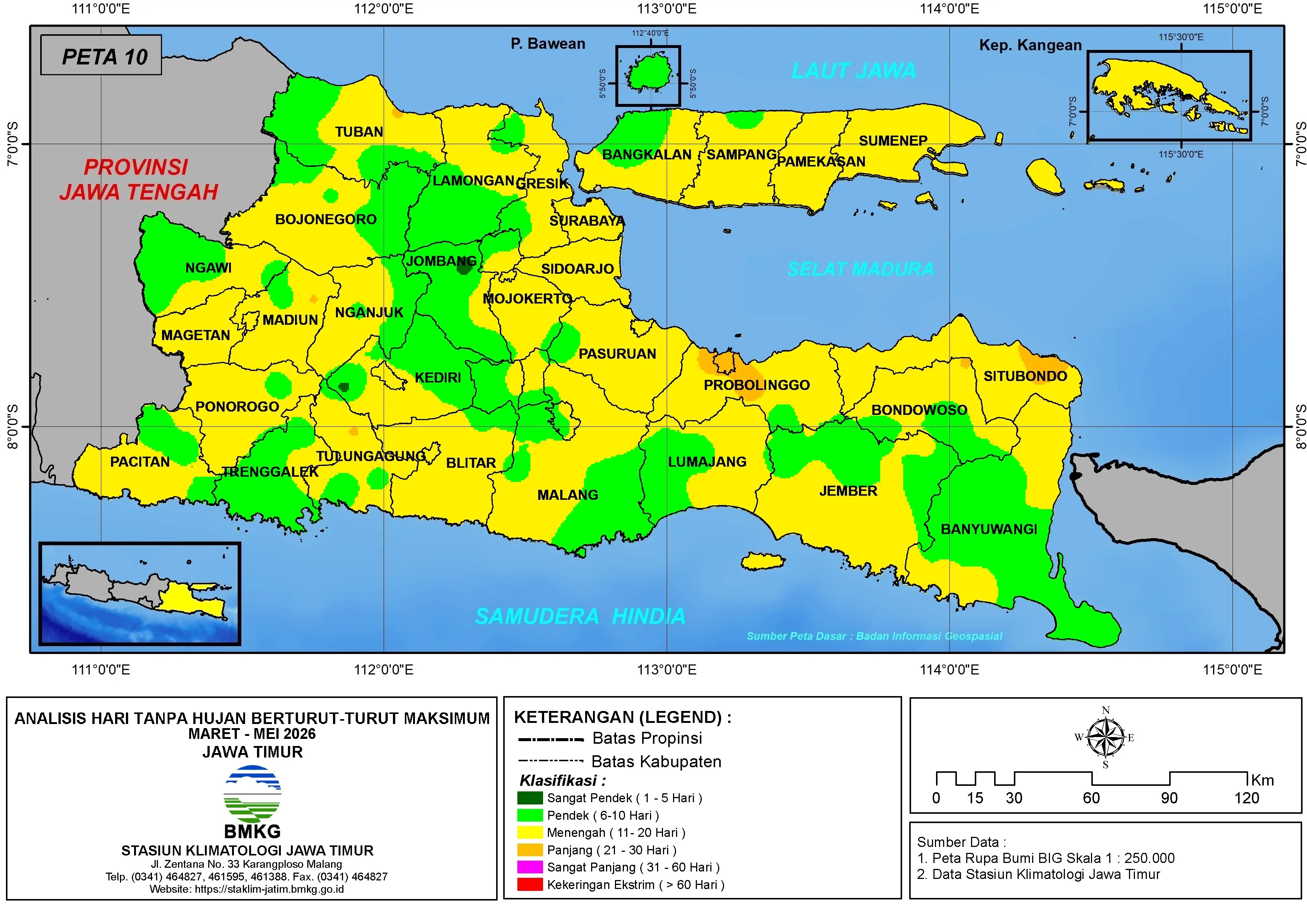 ( Analisis - Bulanan ) Hari Tanpa Hujan Berturut-Turut Maksimum di Provinsi Jawa Timur Bulan Maret - April - Mei Tahun 2026