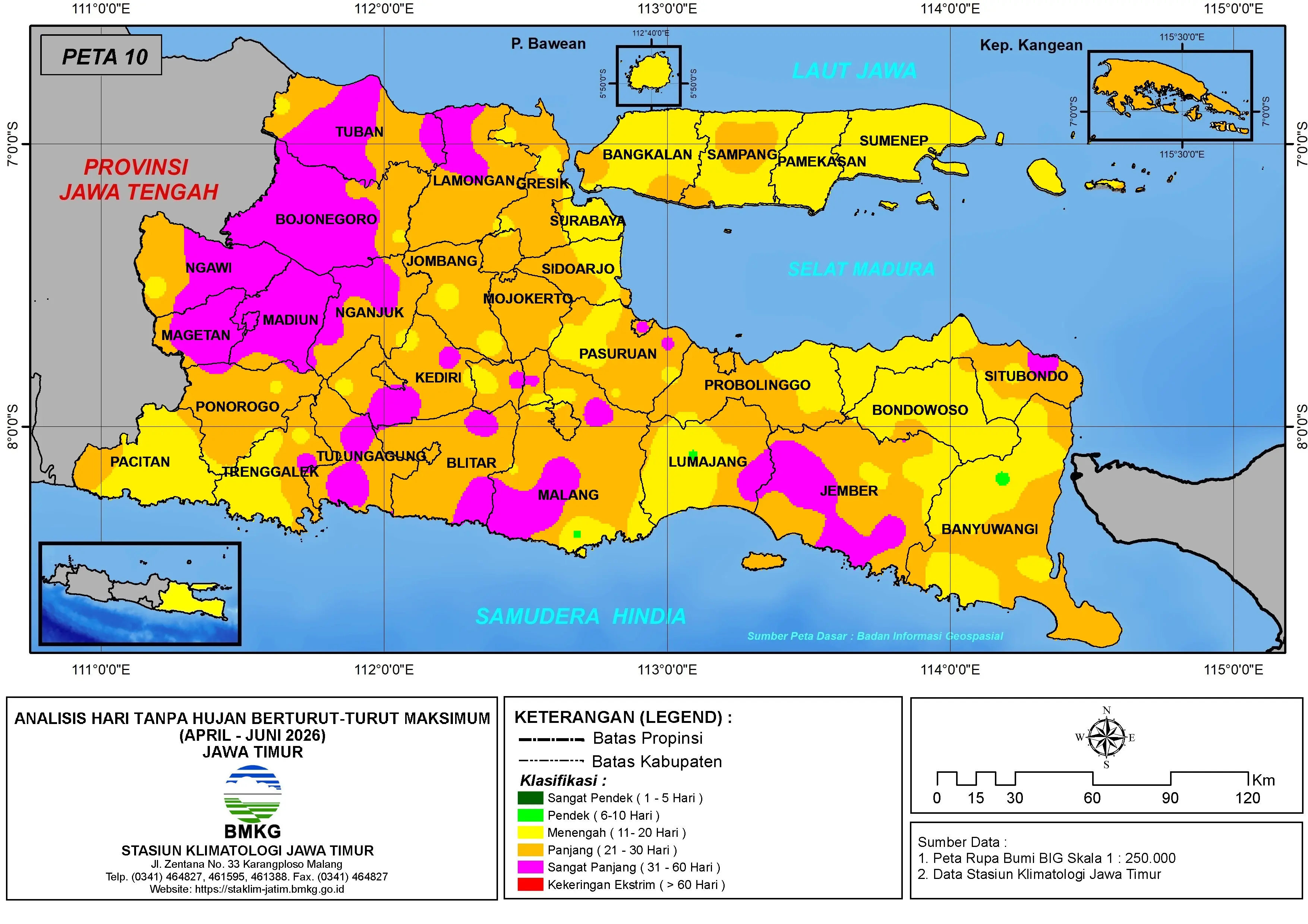 ( Analisis - Bulanan ) Hari Tanpa Hujan Berturut-Turut Maksimum di Provinsi Jawa Timur Bulan April - Mei - Juni Tahun 2026
